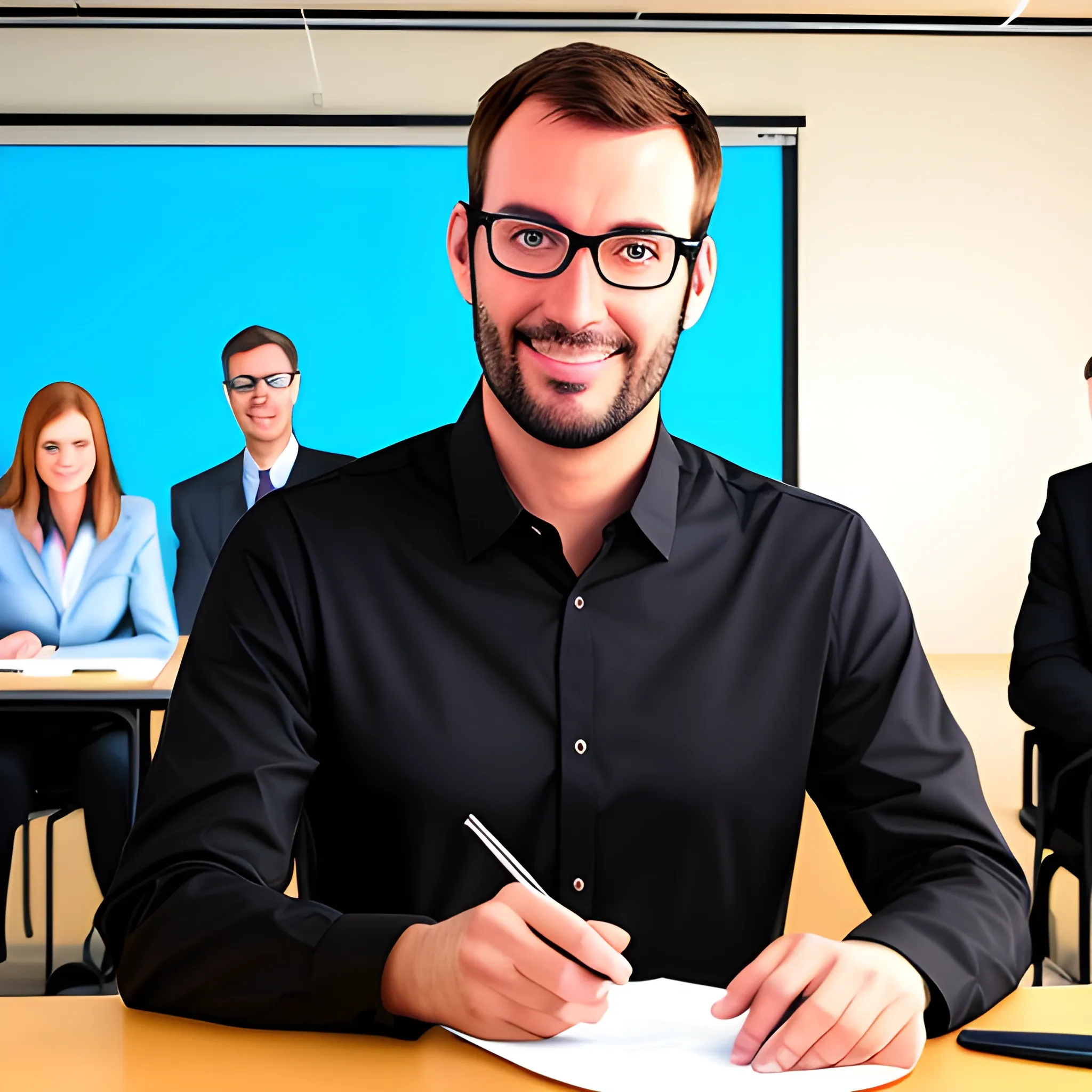 young people in a classroom with a robot teacher