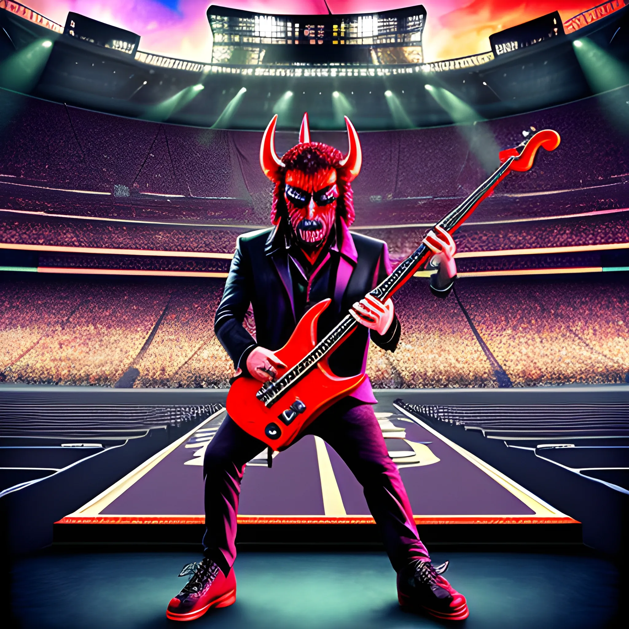 Trippy, create a realistic image of the devil playing a five-string electric bass on a stadium stage in front of many people