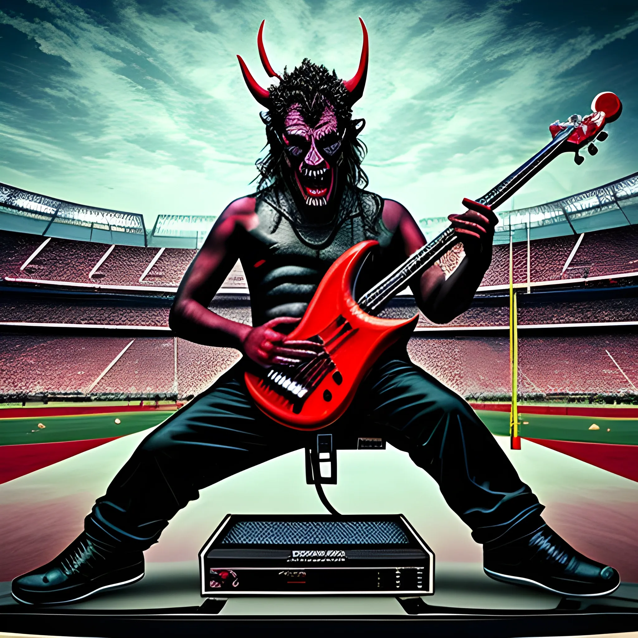 Trippy, create a realistic image of the devil playing a five-string electric bass on a stadium stage in front of many people