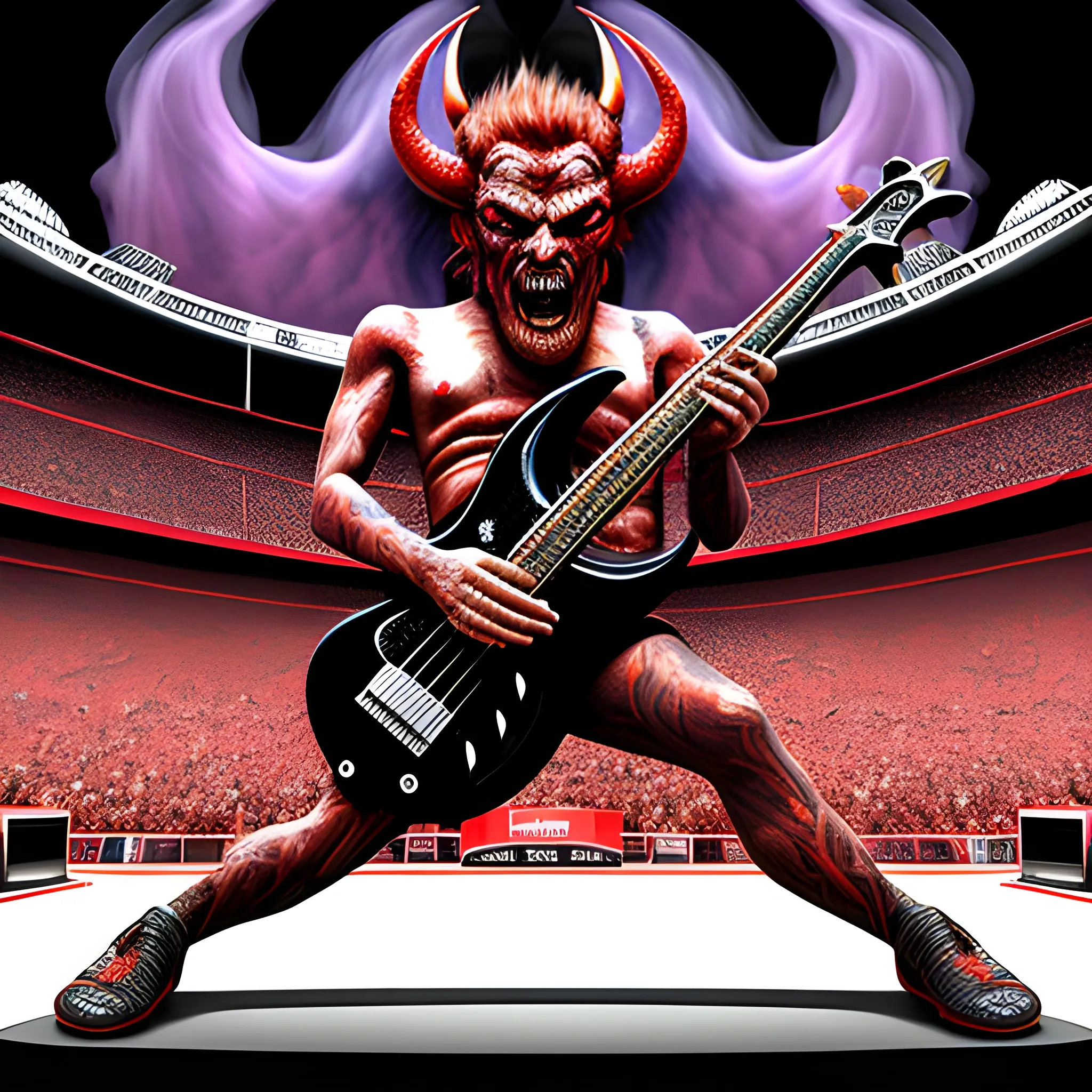 Trippy, create a realistic image of the devil playing a five-string electric bass on a stadium stage in front of many people