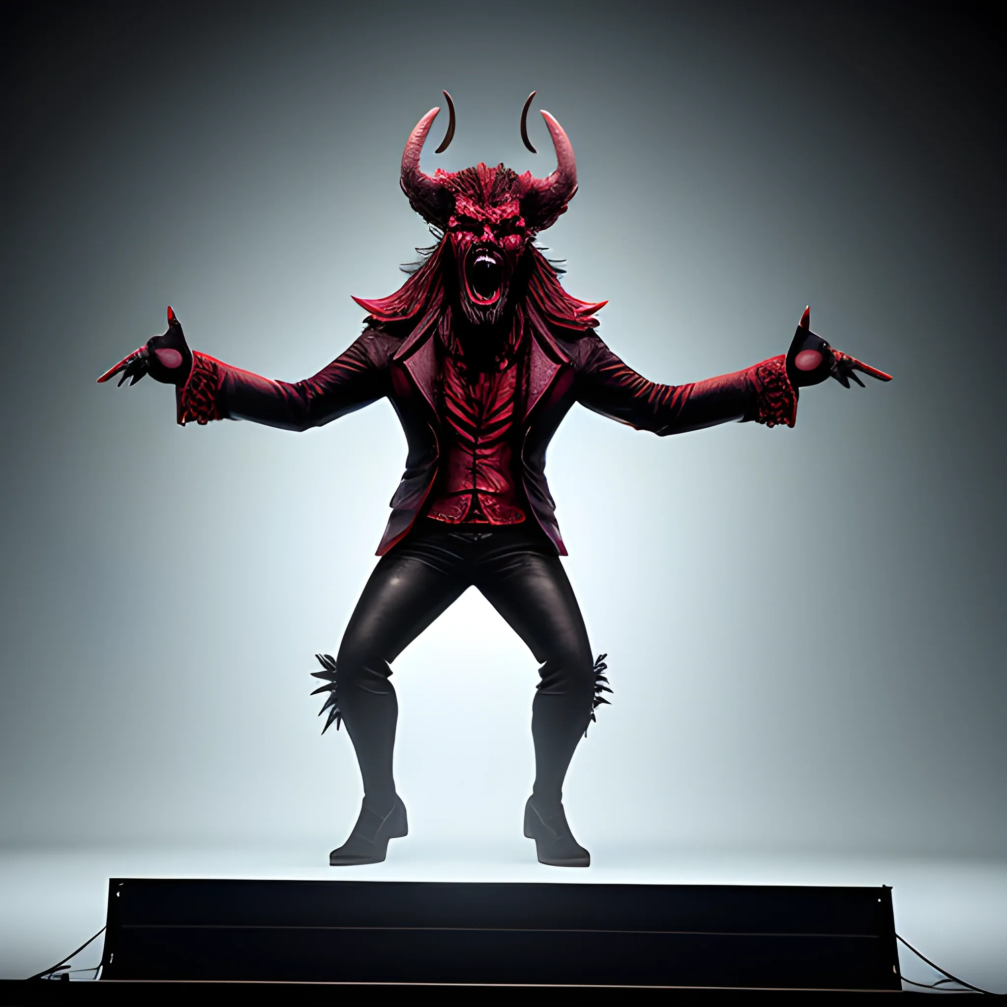 Create realistic image of a devil singing on a very large stage