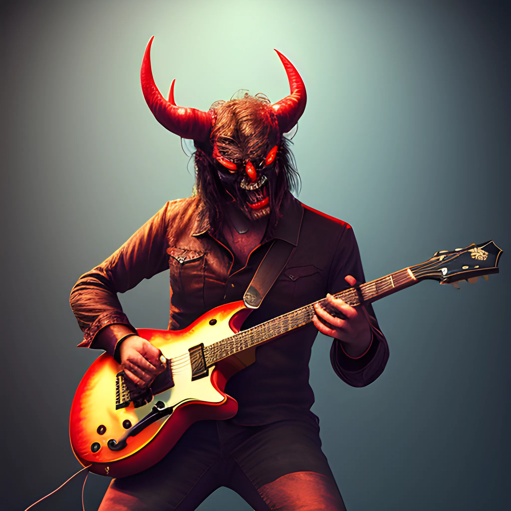 create realistic image of devil playing guitar on a big stage