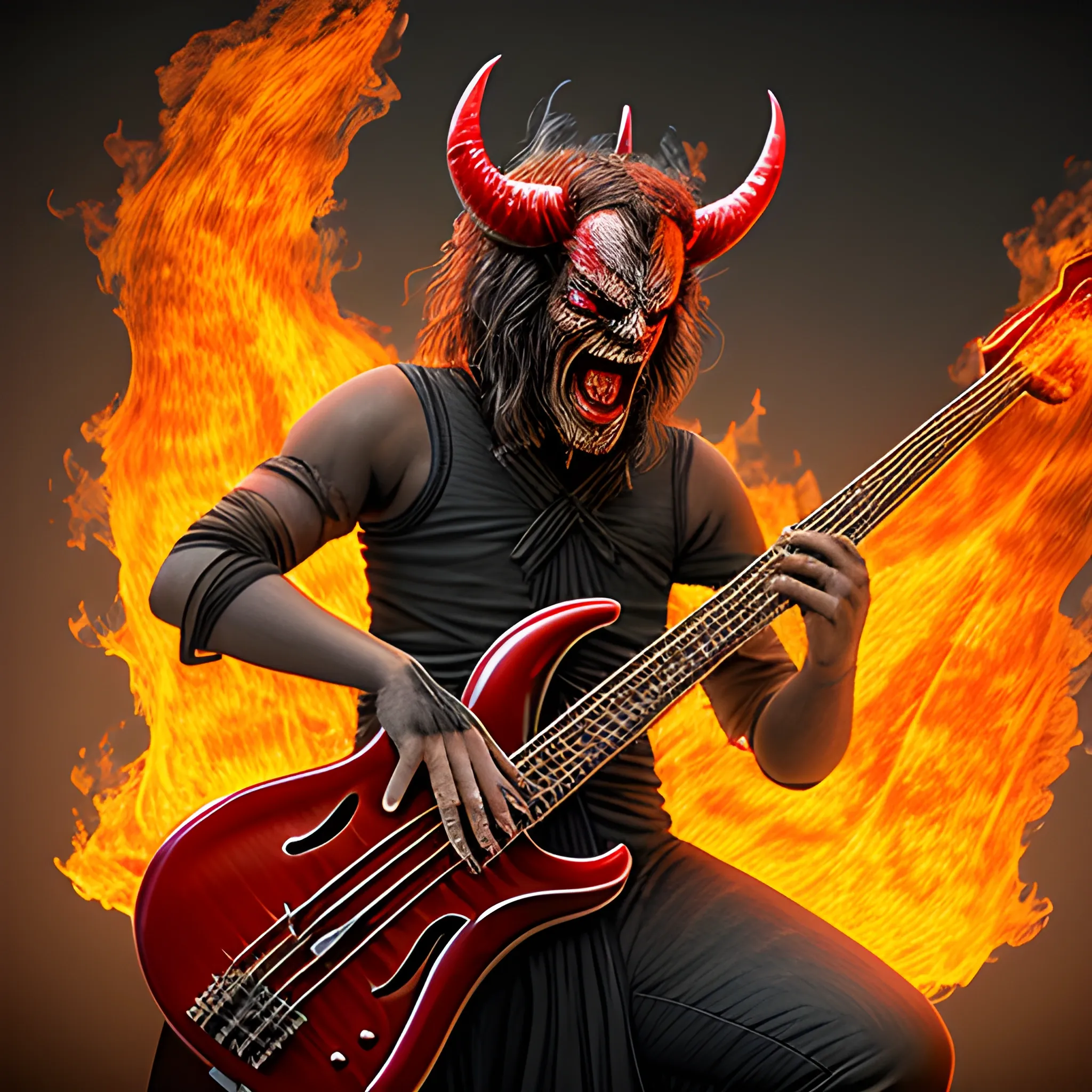 Create realistic image of the devil playing a five-string bass on a burning stage