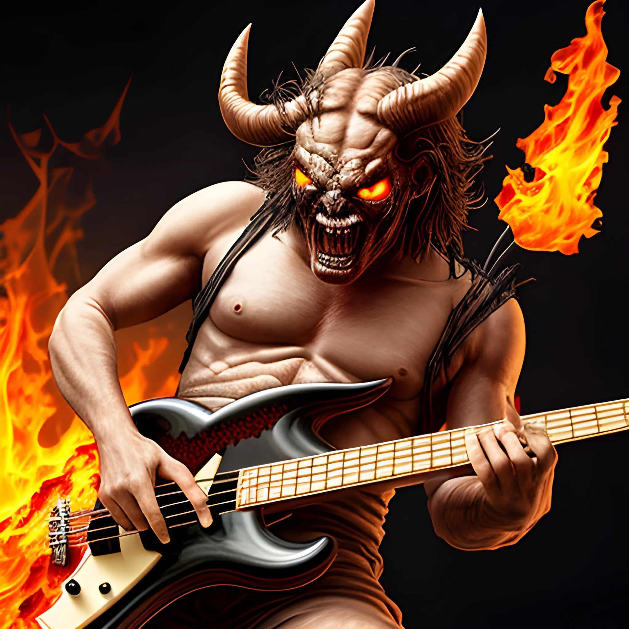 Create realistic image of the devil playing a five-string bass on a burning stage