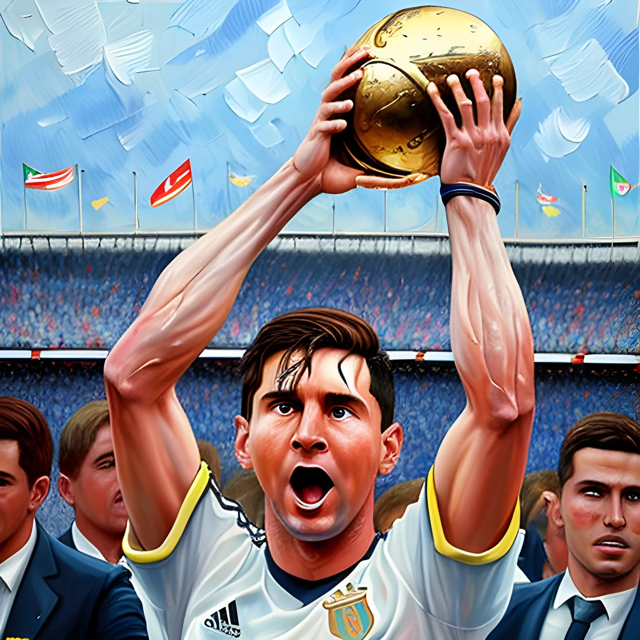 , Oil Painting, Messi Lifting the World Cup crying, While Cristiano Ronaldo is watching him emotioanly, In the background are a lot of argentinian people crying and celebrating