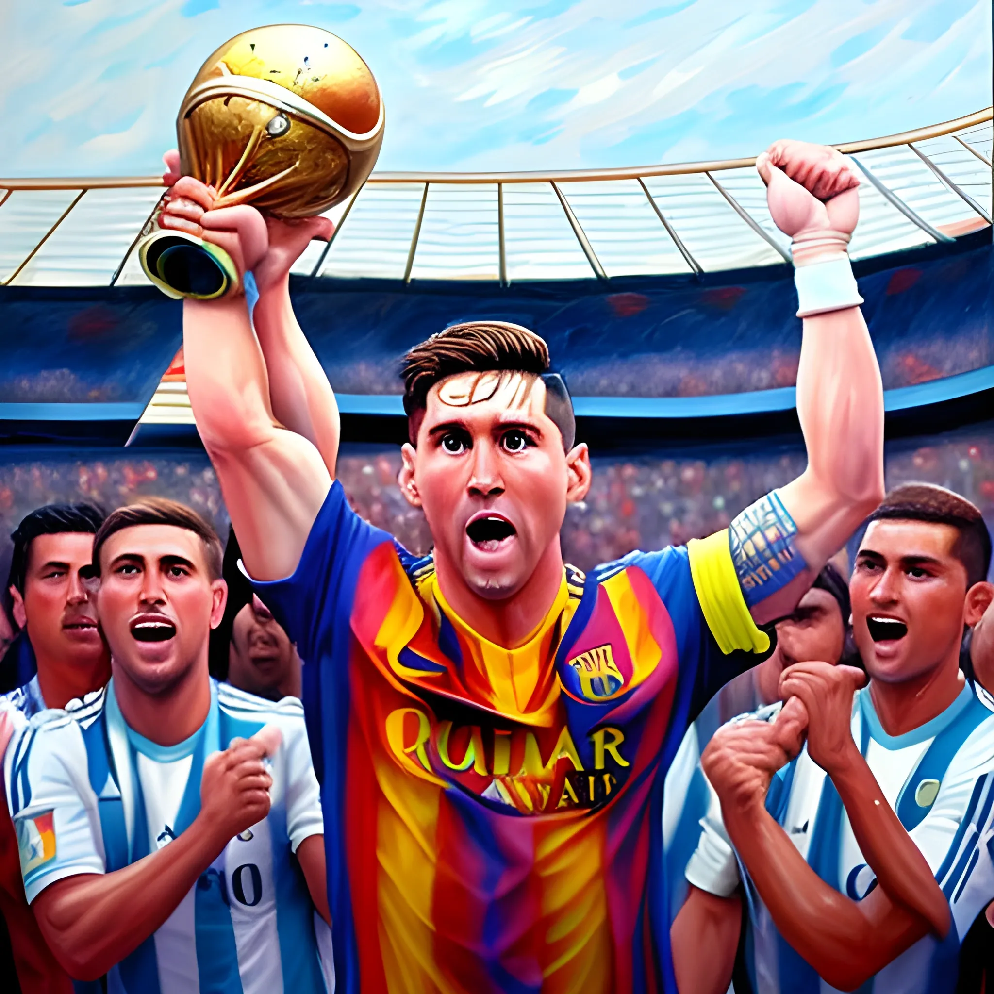 , Oil Painting, Messi Lifting the World Cup crying, While Cristi ...