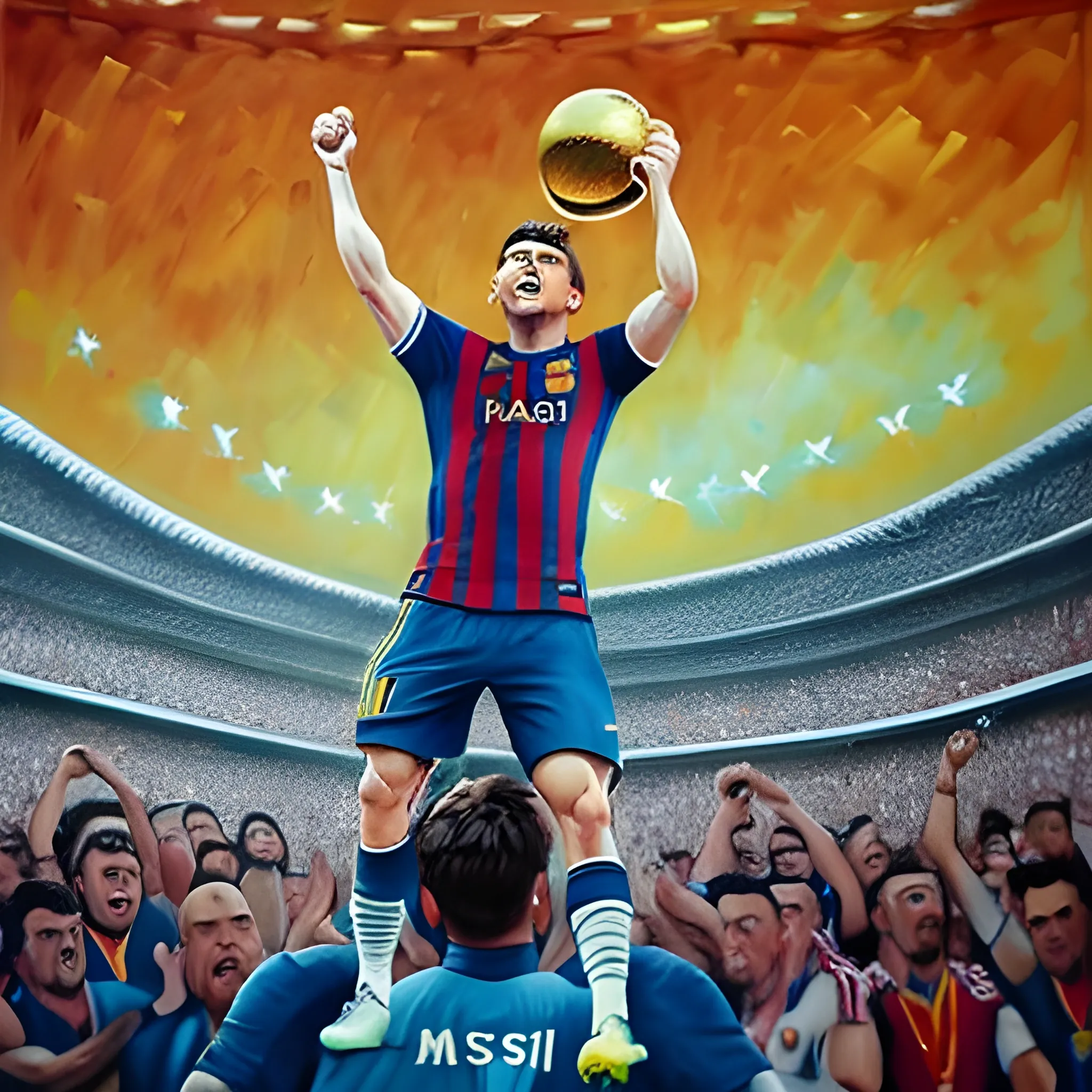 , Oil Painting, Messi Lifting the World Cup crying, While Cristiano Ronaldo is watching him emotioanly, In the background are a lot of argentinian people crying and celebrating, 3D