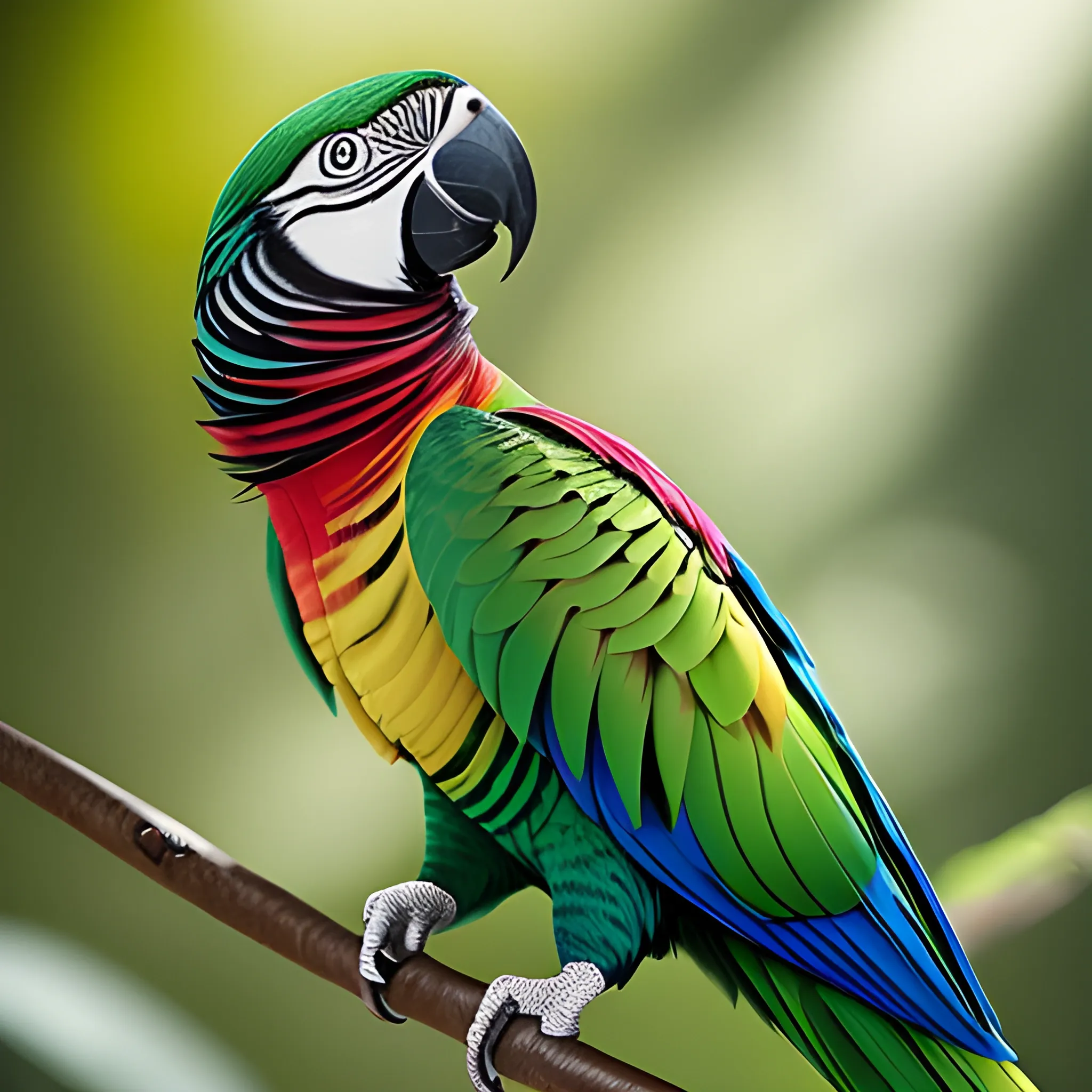 The image features a vibrant and vividly colored parrot perched on what appears to be a branch or twig. The parrot's plumage is predominantly red, with iridescent green feathers that shimmer in the light. Its head is adorned with striking blue-black feathers around its eyes, giving it an intense gaze. The beak of the parrot is long and pointed, suggesting it might belong to a species known for their strong beaks used for cracking nuts.

The background is dark and out of focus, which accentuates the colors of the parrot and makes them stand out prominently. There are hints of red foliage or flowers in the upper left corner, adding to the tropical ambiance suggested by the bird's habitat. The lighting in the image creates a dramatic effect, highlighting the contours and textures of the parrot's feathers and casting soft shadows that add depth to the scene.