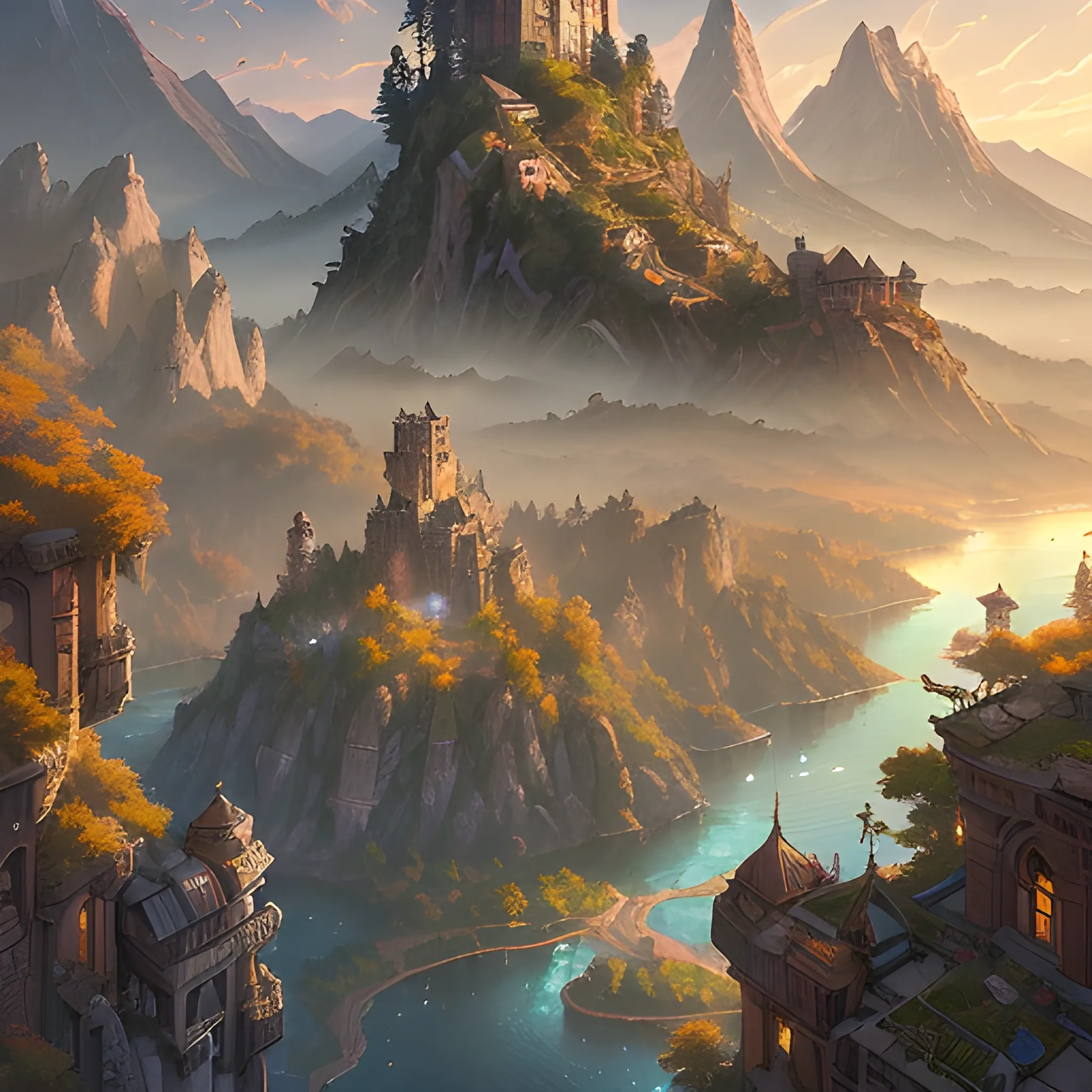 a birds eye view overlooking an ancient fantasy city surrounded by mountains and trees of greens and browns, rivers and lakes by Jordan Grimmer, Asher Brown Durand and Ryan Dening, 8k, artstation, beautiful color pallette