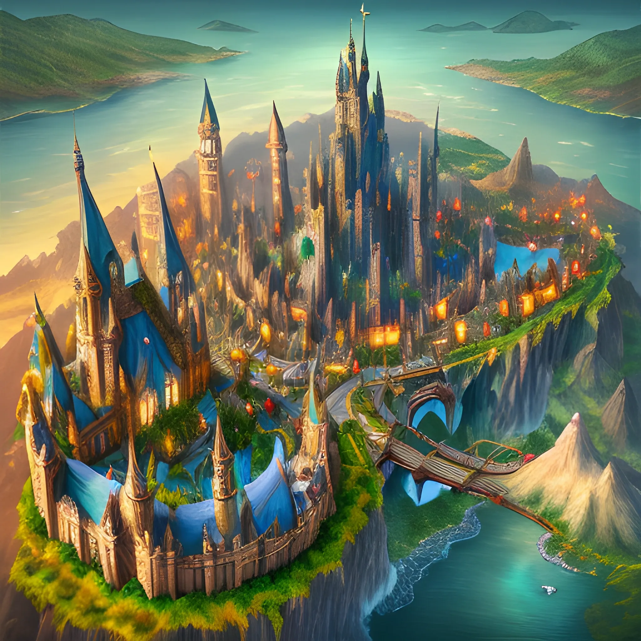 fantasy elf city, bird view, 8k, beautiful color palette