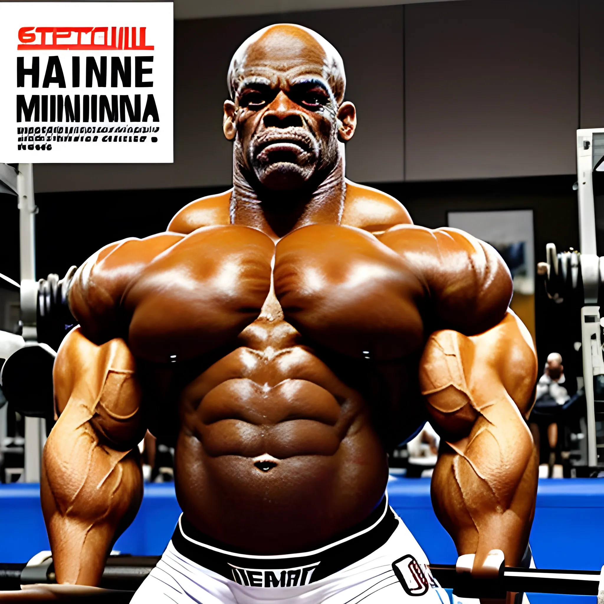 Ronnie Coleman haciendo 800 libras en sentadilla mientras le brillan los ojos blanco mientas saca rallos de color blancos 
