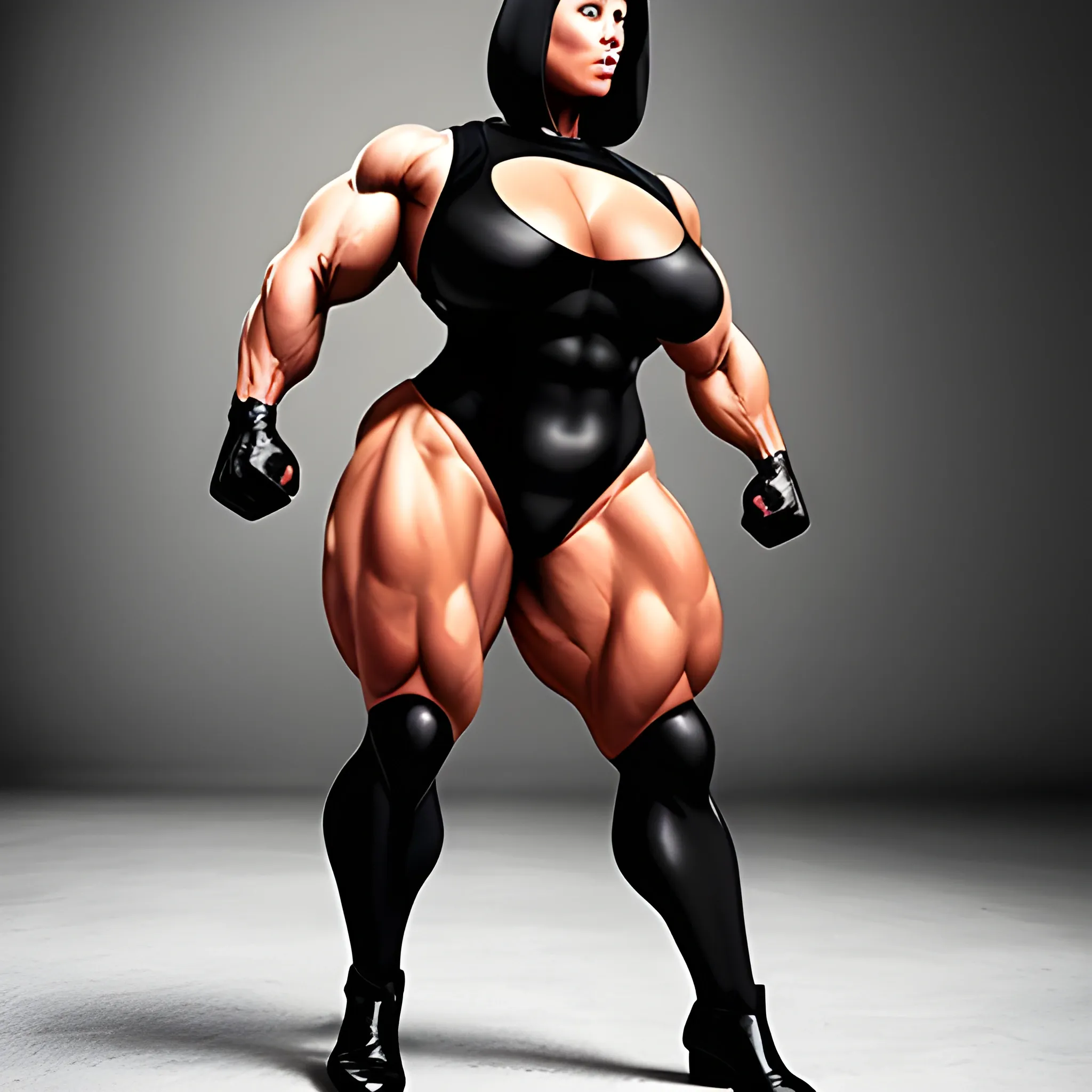 A big guard, immense woman, muscle morph, black bodysuit , full body
