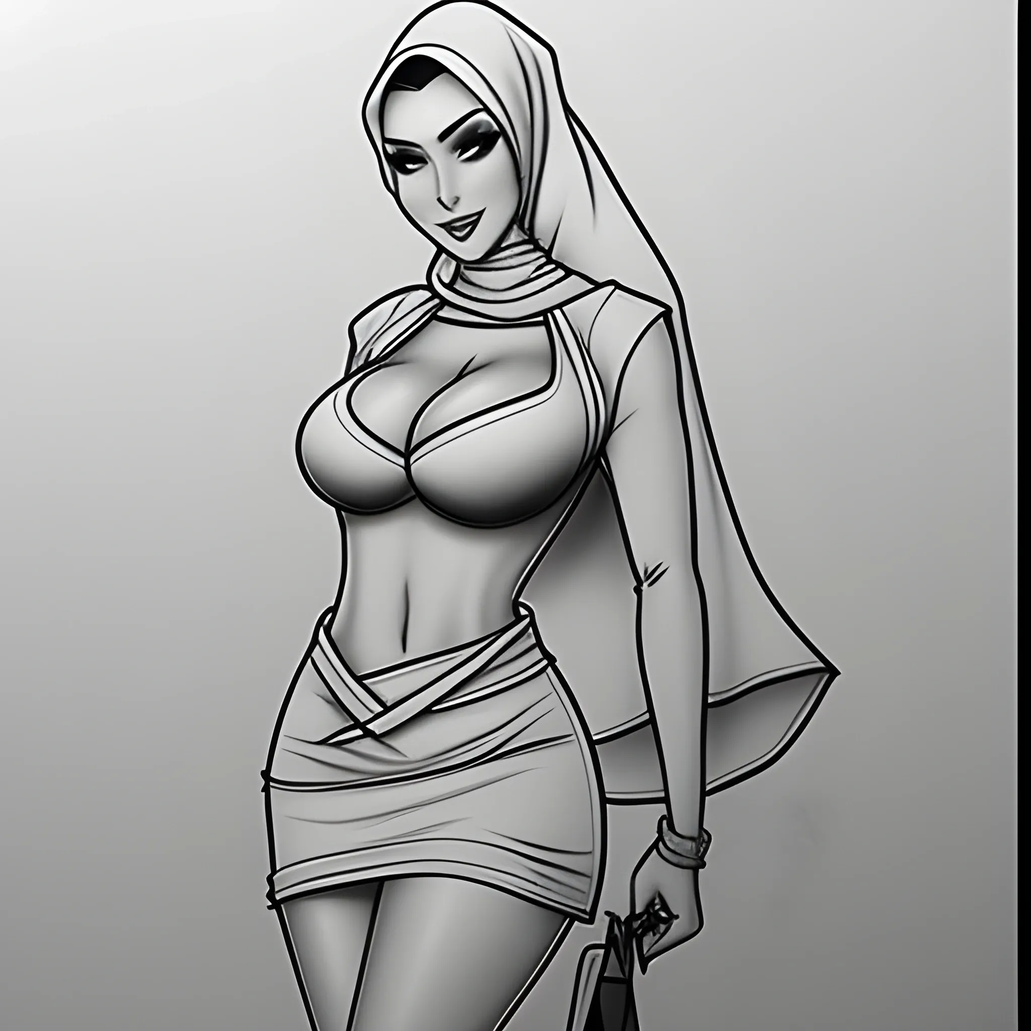 , Pencil Sketch
girl wearing hijab unbottan white shirt huge cleavage mini skirt and high heels