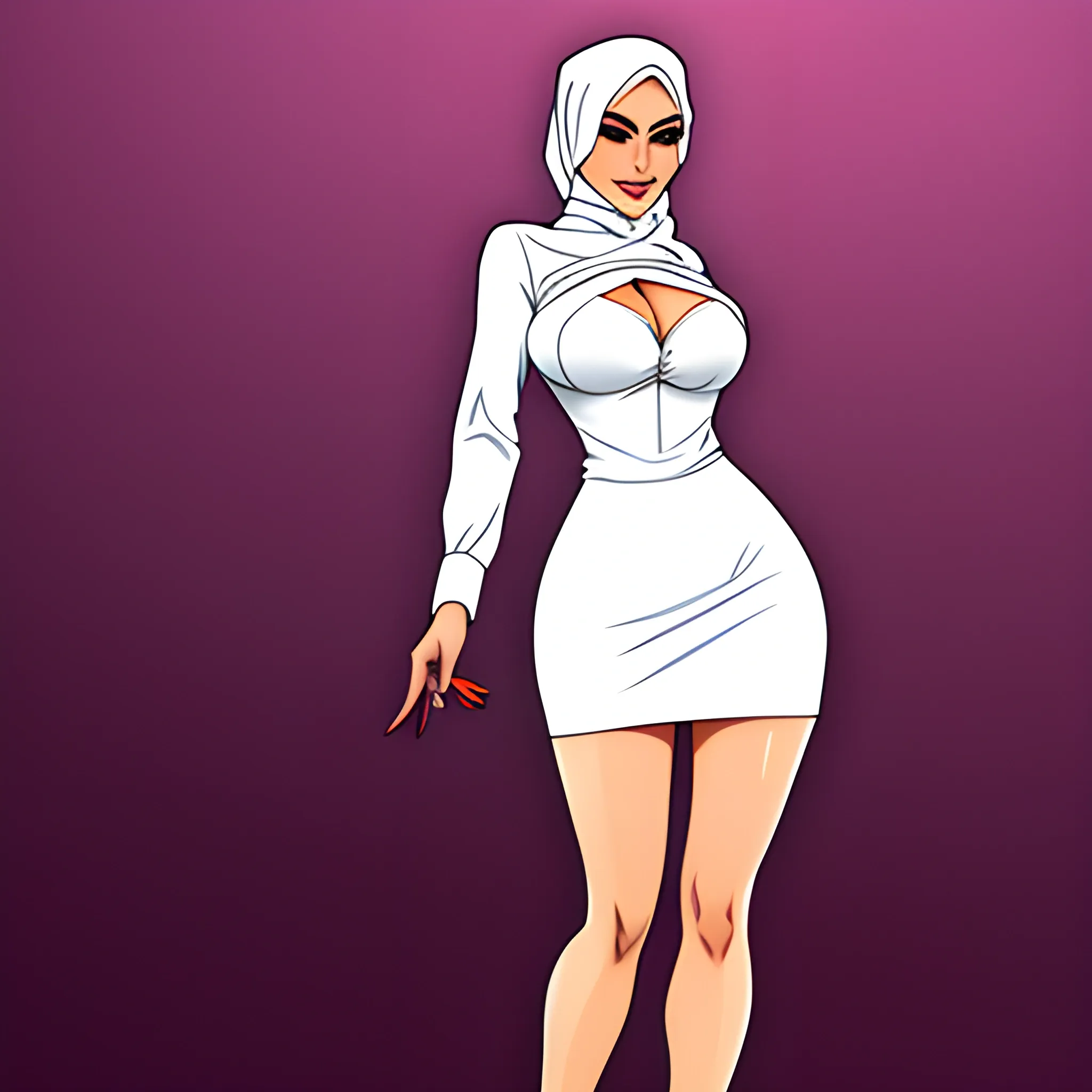 girl wearing hijab white shirt huge cleavage mini skirt and high heels, Cartoon