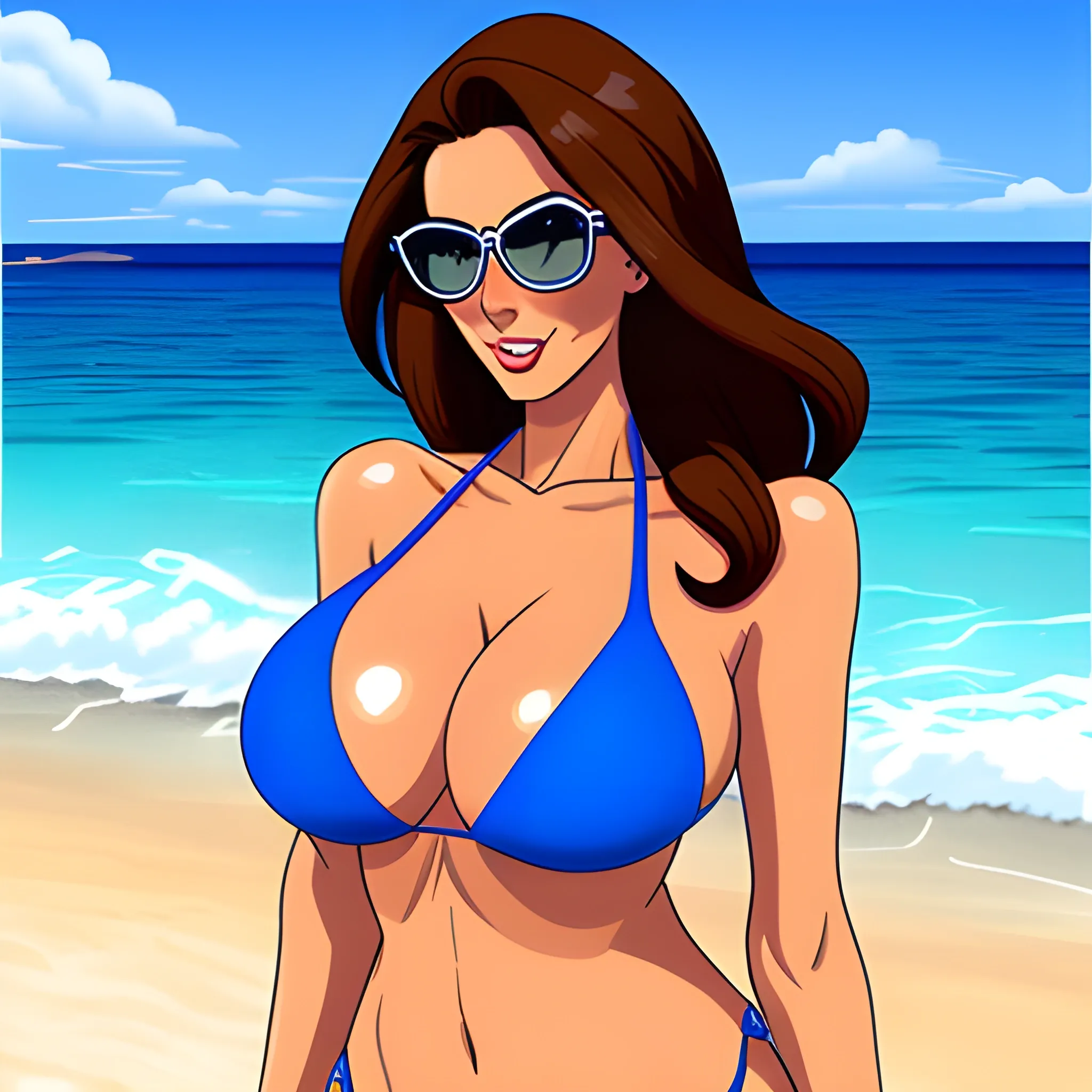 girl blue bikini swimsuit big breast on beach, Cartoon