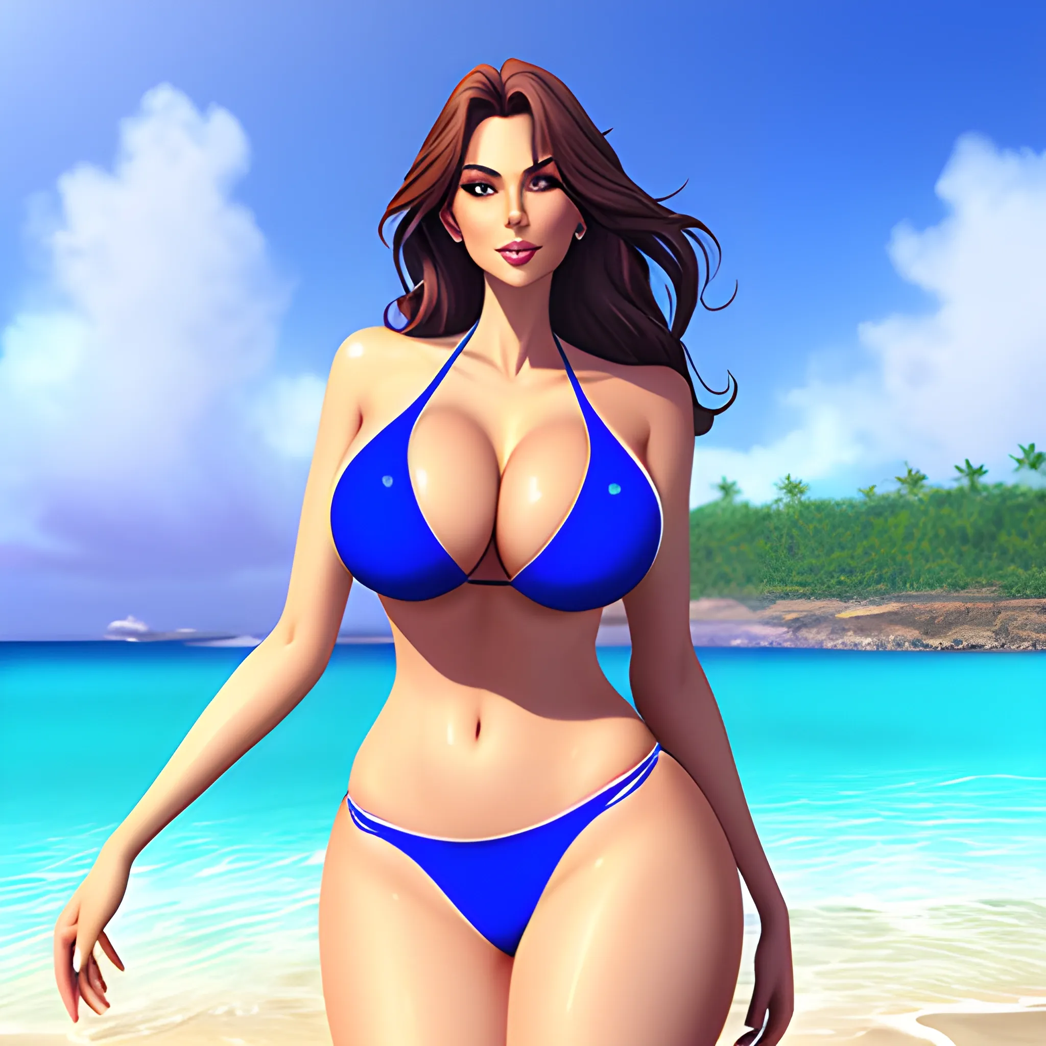 girl blue bikini swimsuit big breast on beach, CG, detailed artwork