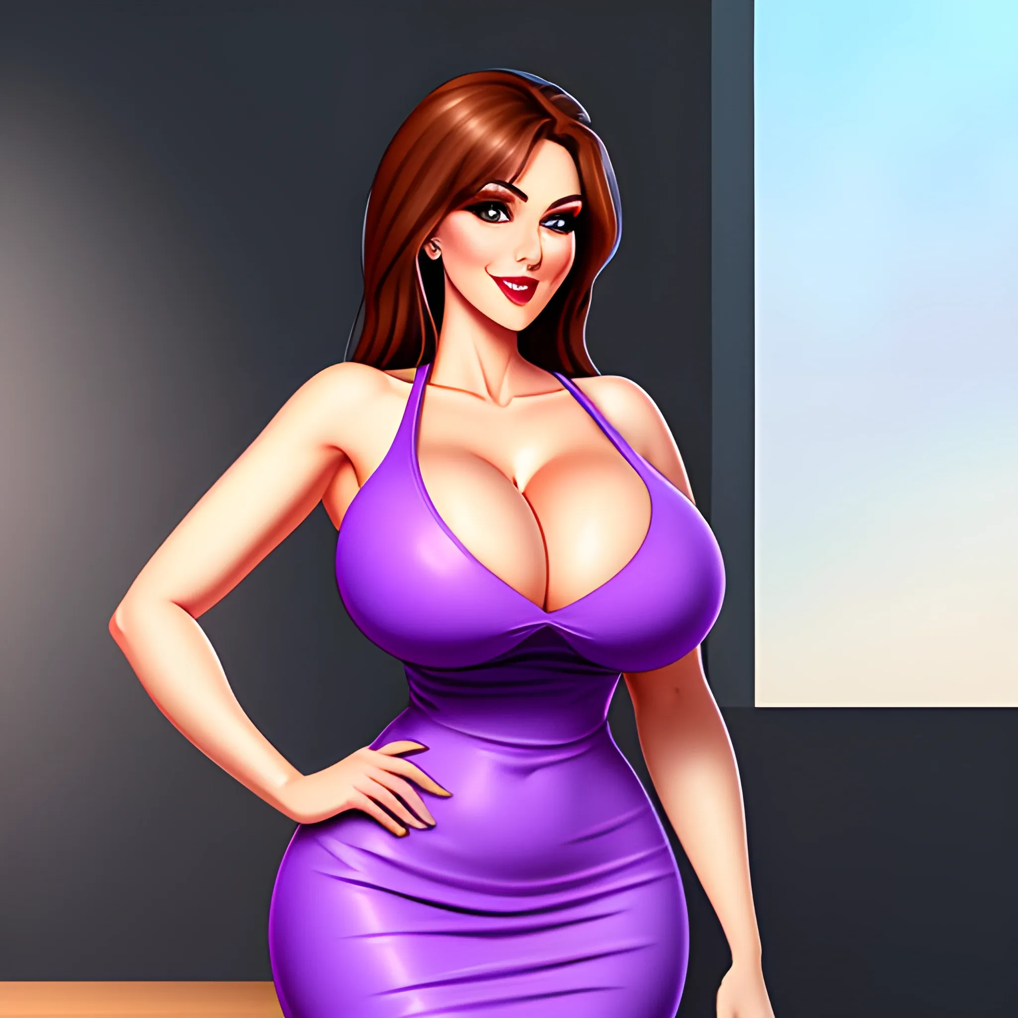 cute girl in tight dress , thick waits, huge breast, detailed artwork, CG, Cartoon