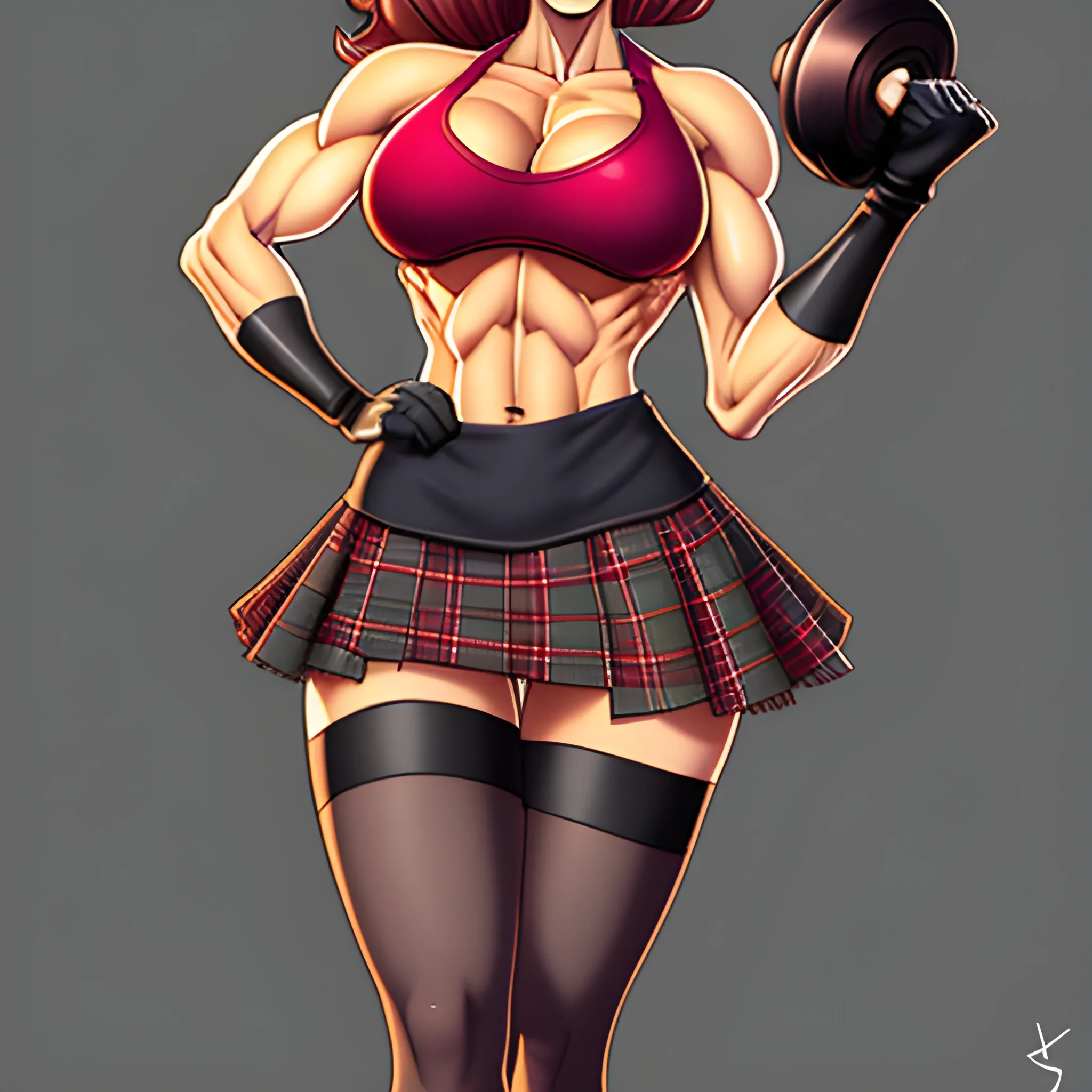 Perfect fitness body, abs, tiny waist, huge muscular legs, plaid miniskirt, knee high stockings,, Cartoon