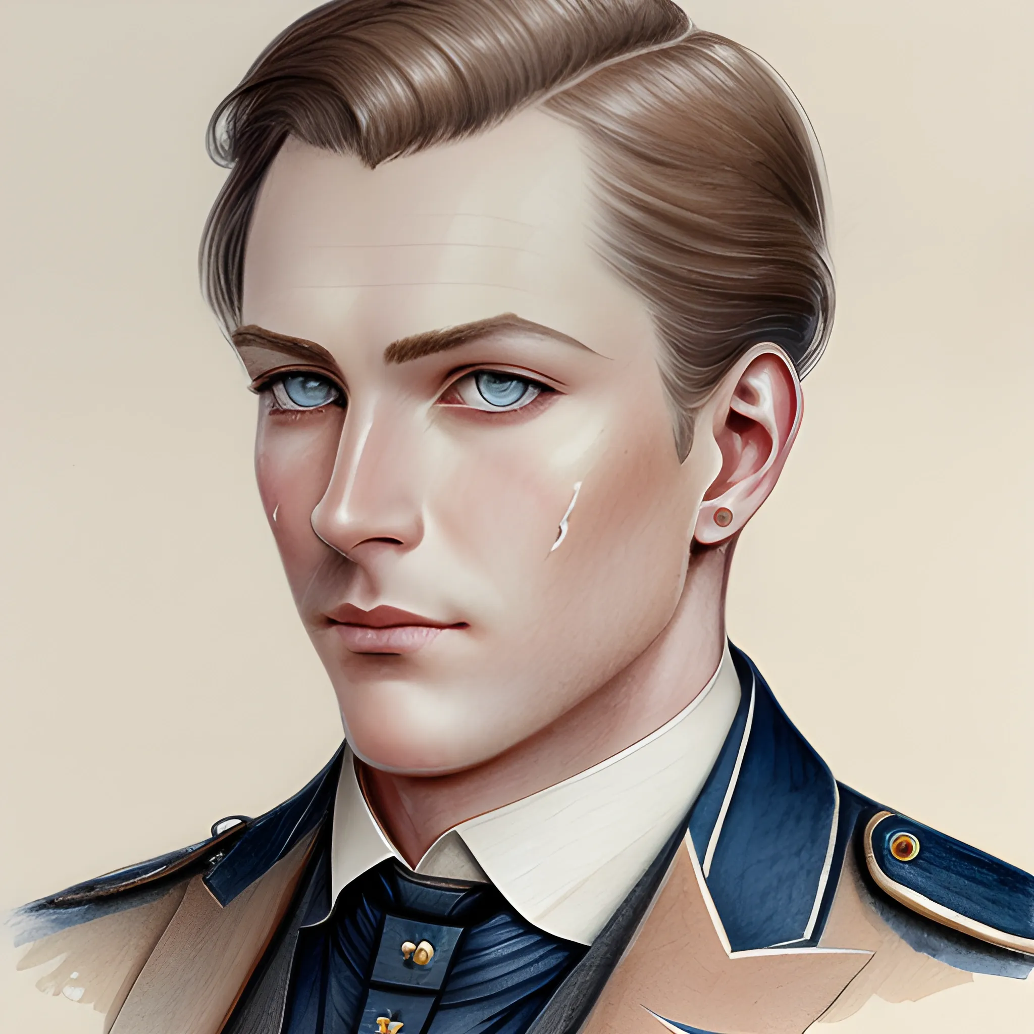 An elegant man from the Victorian era in a military suit, with blue eyes and light brown hair with a scar on his face, realistic illustration, Pencil Sketch, Water Color