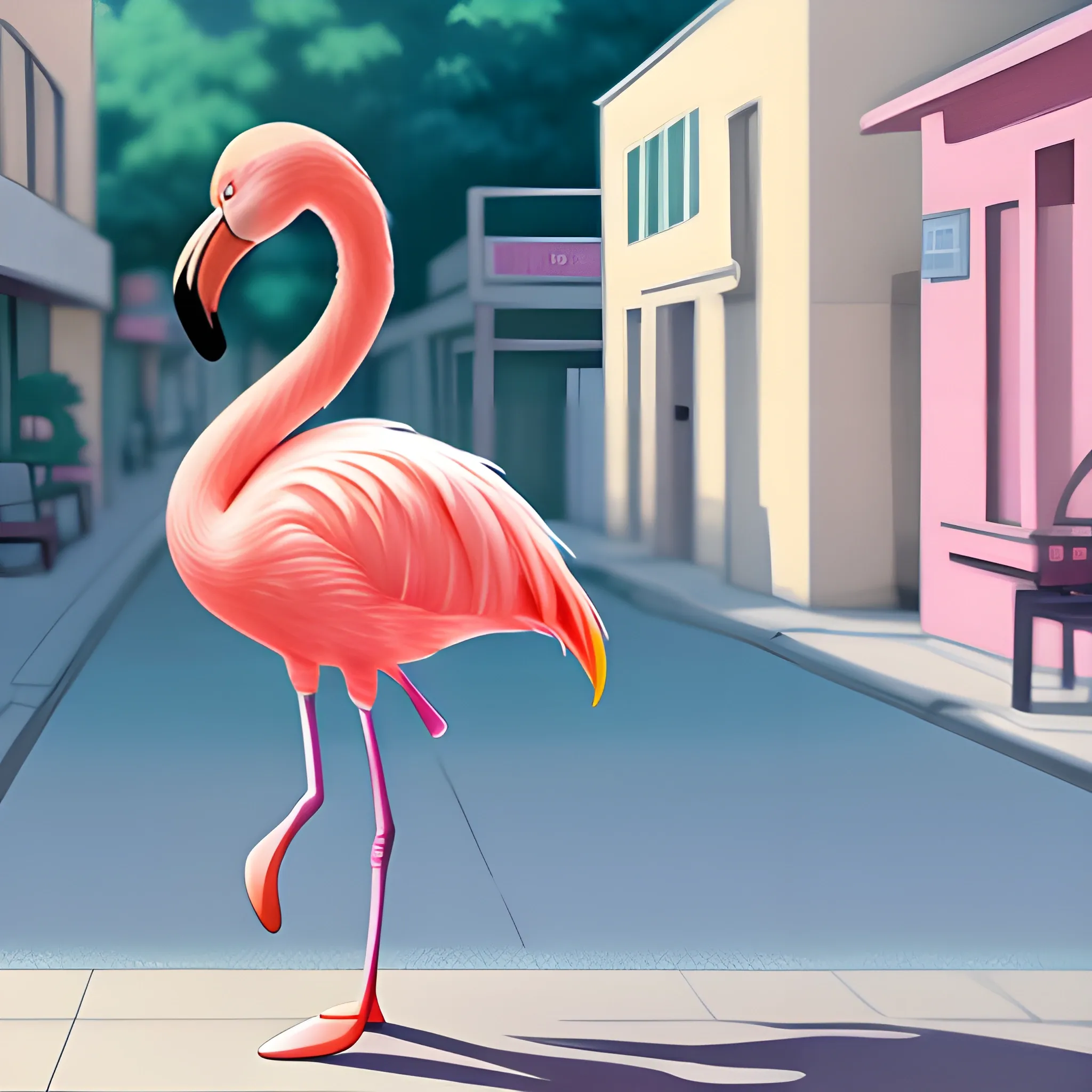 .anime .realistic draw a cute flamingo walks in street with listening music headsets like animation