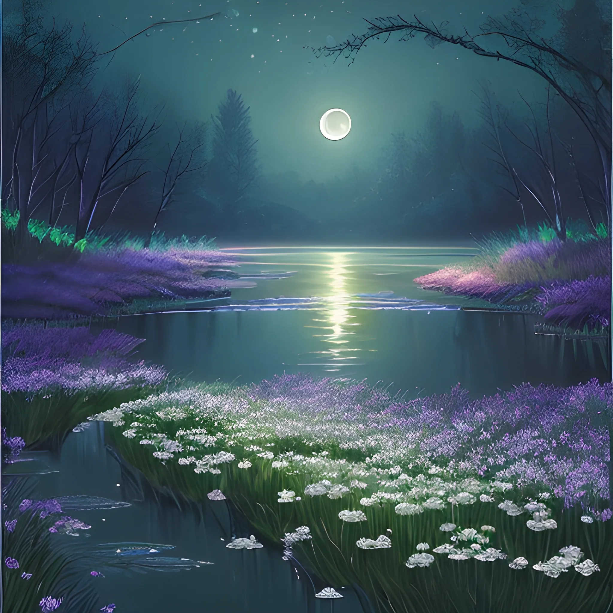 A digital art piece of lily of the valley flowers under the moonlight along a river's edge. Moon reflecting on the water, cool and mystical ambiance. Created Using: digital art, moonlit scene, cool color palette, luminous reflections, night sky, mystical atmosphere, detailed flowers, serene river landscape, Oil Painting