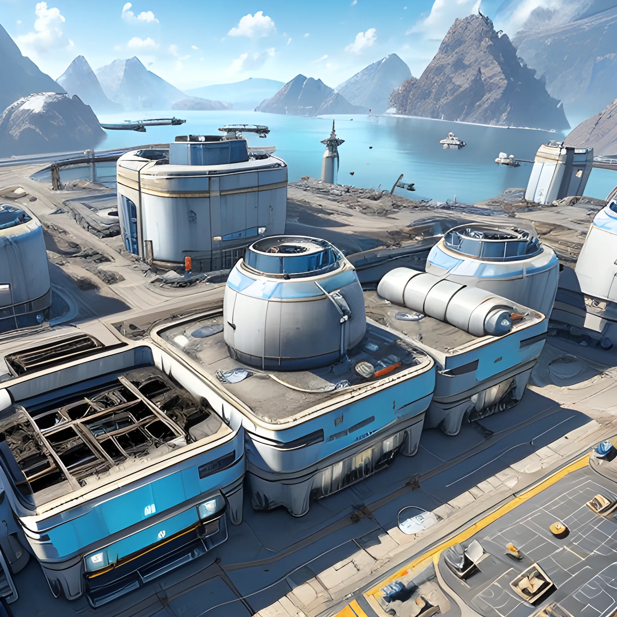 anno 2205 style, temperate, sunny, clear sky, top-down view, dirty factory made of metal black structures, white plastic material, scratches, rusty pipes, 
smoke from pipes, stains on the walls, high level of detail, people, futuristic, beautiful, Realistic proportions, attention to detail


