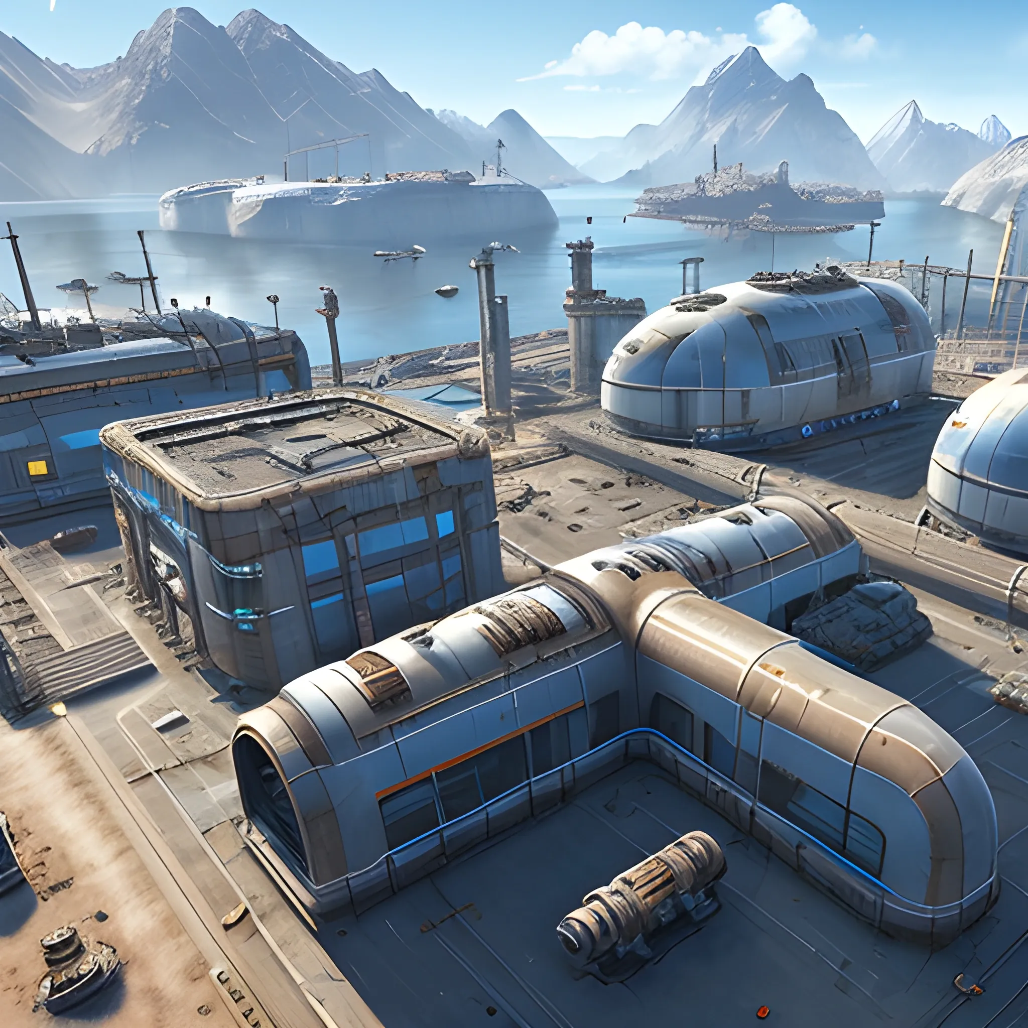 anno 2205 style, temperate, sunny, clear sky, top-down view, dirty factory made of metal black structures, white plastic material, scratches, rusty pipes, 
smoke from pipes, stains on the walls, high level of detail, people, futuristic, beautiful, Realistic proportions, attention to detail


