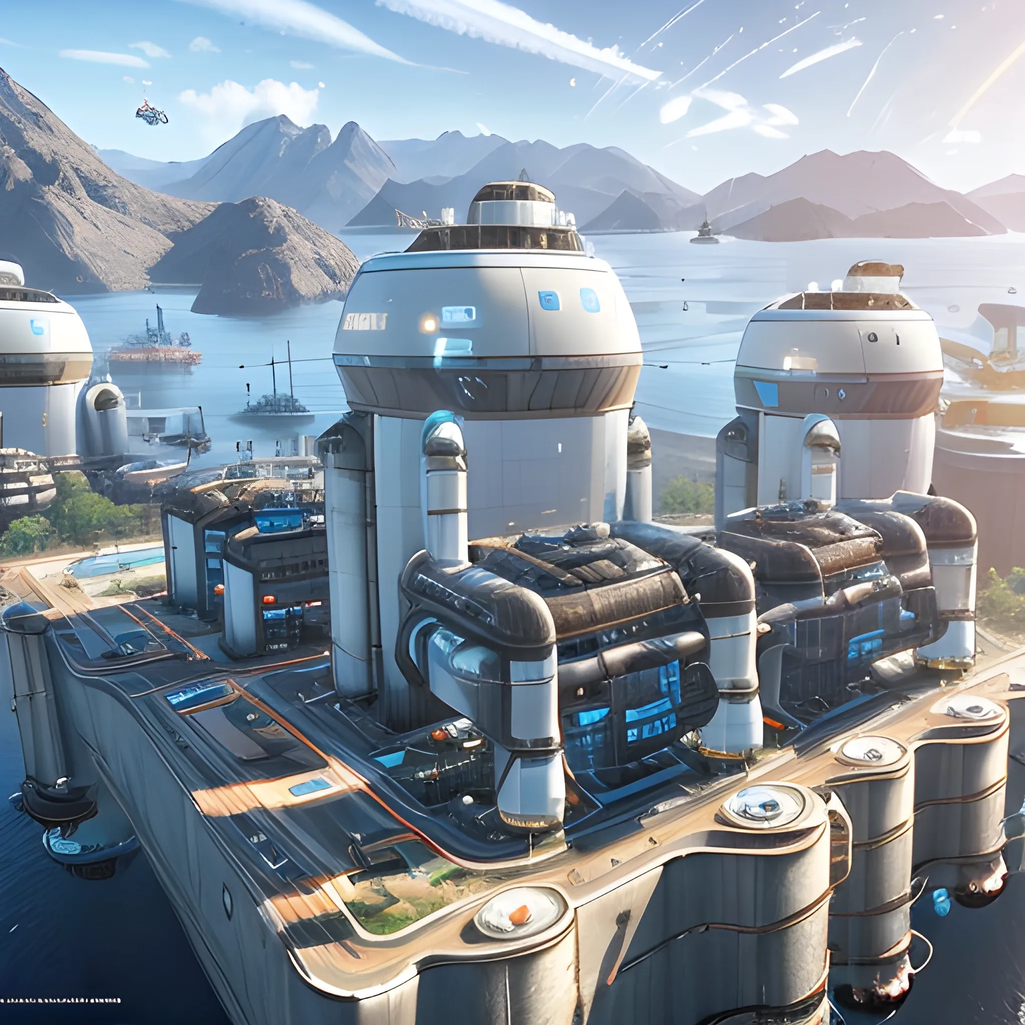 anno 2205 style, temperate, sunny, clear sky, top-down view, power plant made of metal black structures, white plastic material, scratches, rusty pipes, 
smoke from pipes, stains on the walls, high level of detail, people, futuristic, beautiful, Realistic proportions, attention to detail


