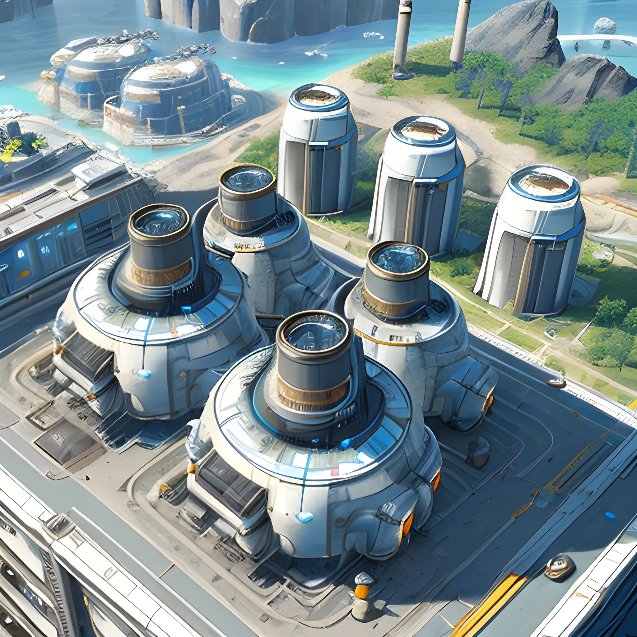 anno 2205 style, temperate, sunny, clear sky, top-down view, power plant made of metal black structures, white plastic material, scratches, rusty pipes, 
smoke from pipes, stains on the walls, high level of detail, people, futuristic, beautiful, Realistic proportions, attention to detail


