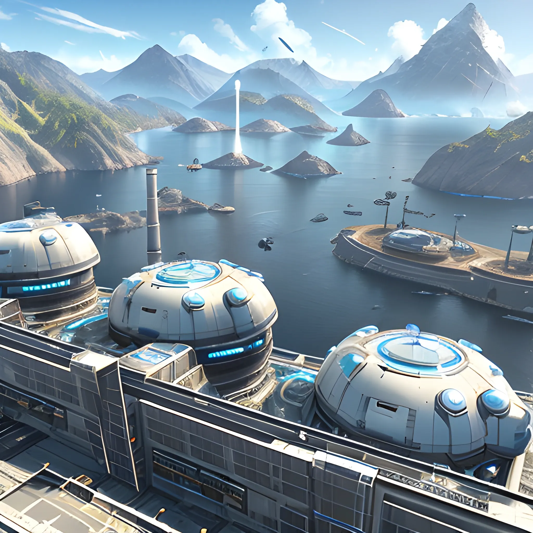 anno 2205 style, temperate, sunny, clear sky, top-down view, power plant made of metal black structures, white plastic material, scratches, rusty pipes, 
smoke from pipes, stains on the walls, high level of detail, people, futuristic, beautiful, Realistic proportions, attention to detail


