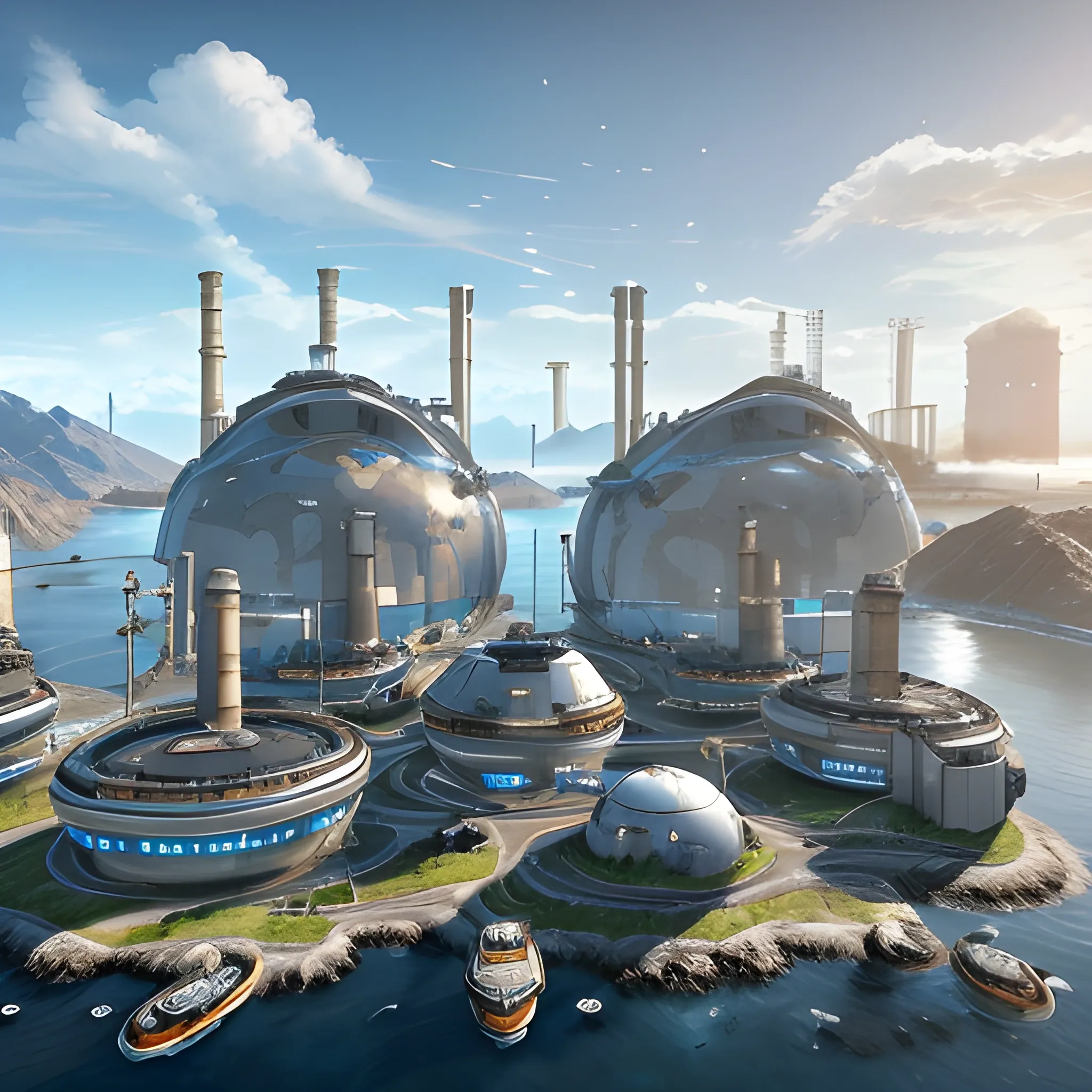 anno 2205 style, temperate, sunny, clear sky, top-down view, power plant made of metal black structures, white plastic material, scratches, rusty pipes, 
smoke from pipes, stains on the walls, high level of detail, people, futuristic, beautiful, Realistic proportions, attention to detail


