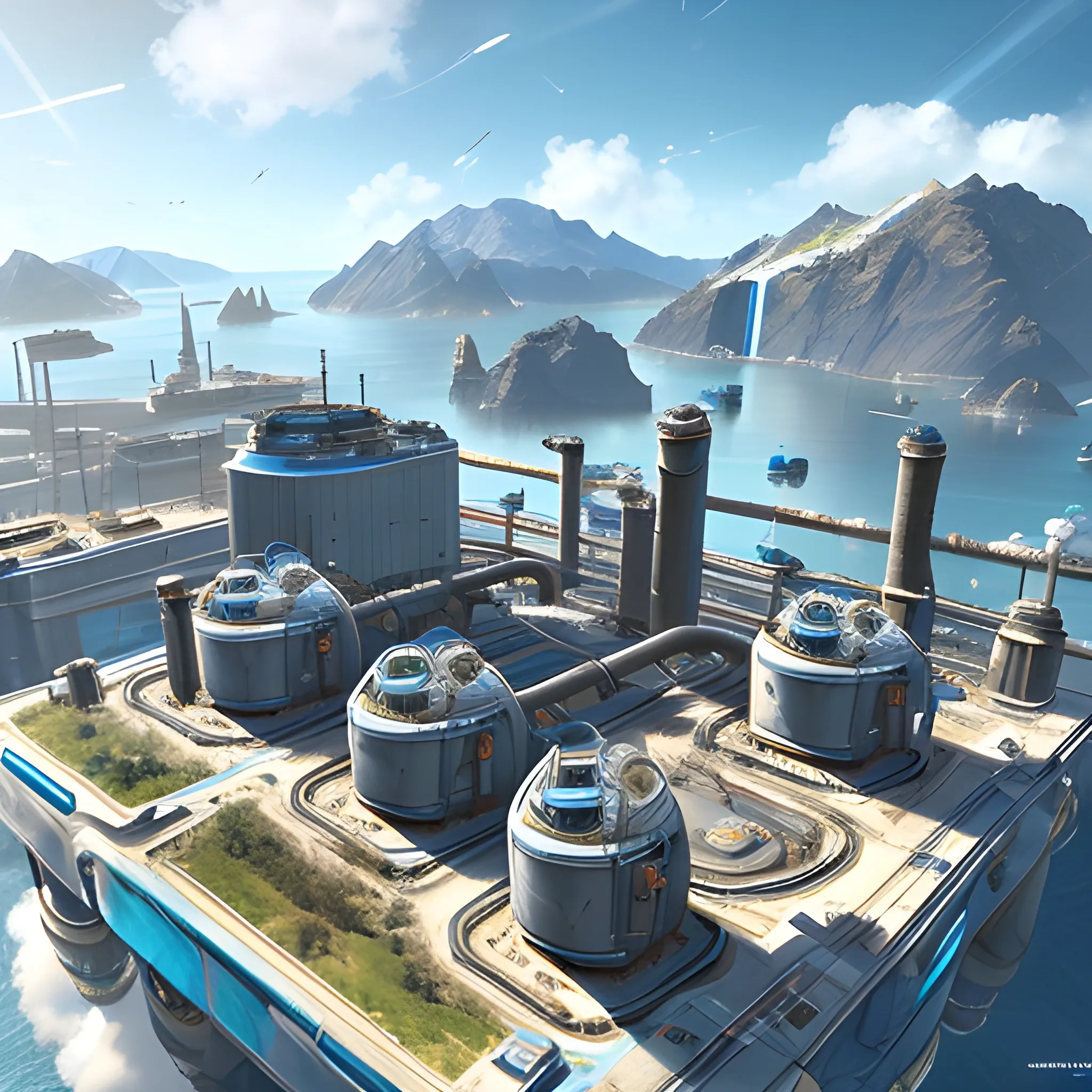 anno 2205 style, temperate, sunny, clear sky, top-down view, power plant made of metal black structures, white plastic material, scratches, rusty pipes, 
smoke from pipes, stains on the walls, high level of detail, people, futuristic, beautiful, Realistic proportions, attention to detail


