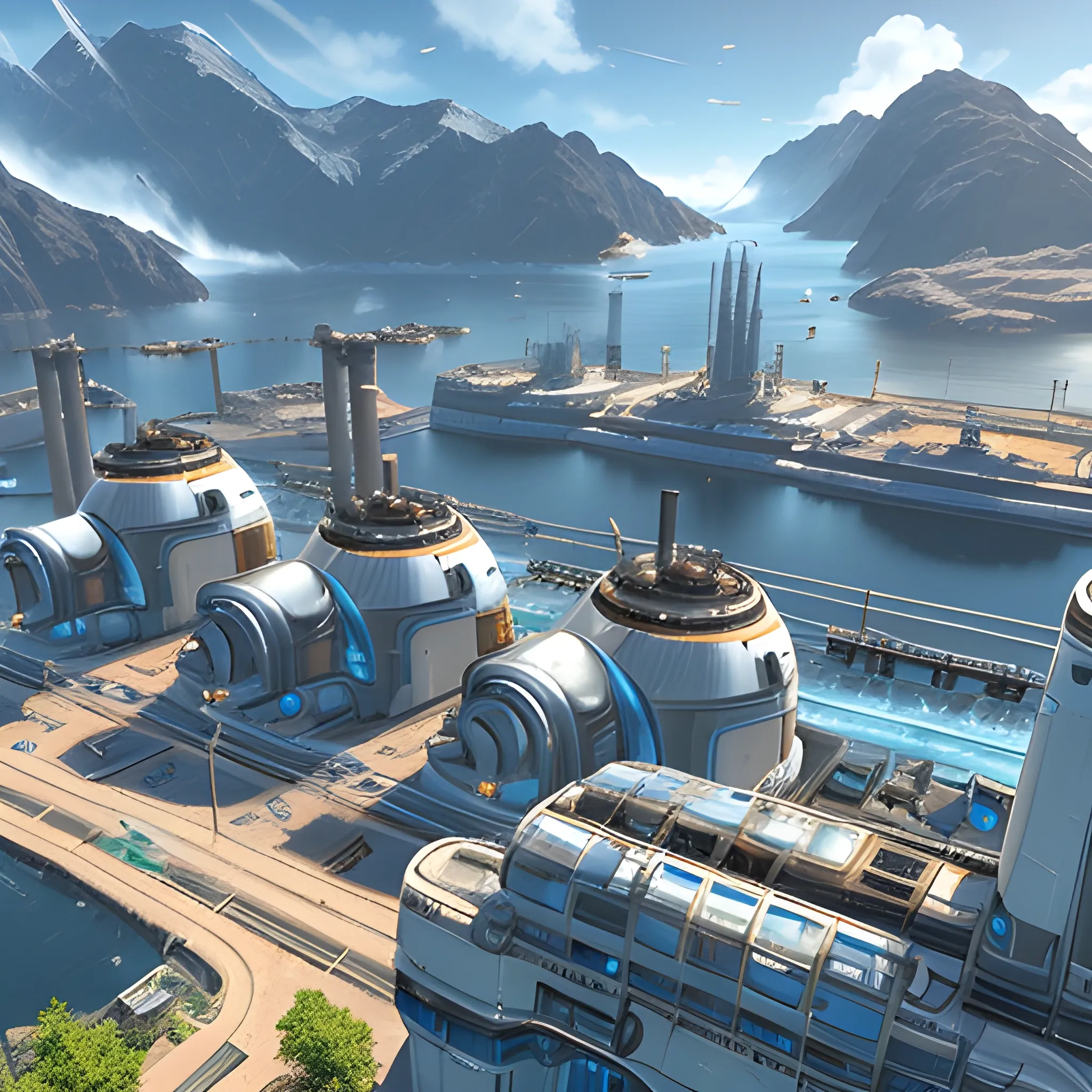 anno 2205 style, temperate, sunny, clear sky, top-down view, power plant made of metal black structures, white plastic material, scratches, rusty pipes, 
smoke from pipes, stains on the walls, high level of detail, people, futuristic, beautiful, Realistic proportions, attention to detail


