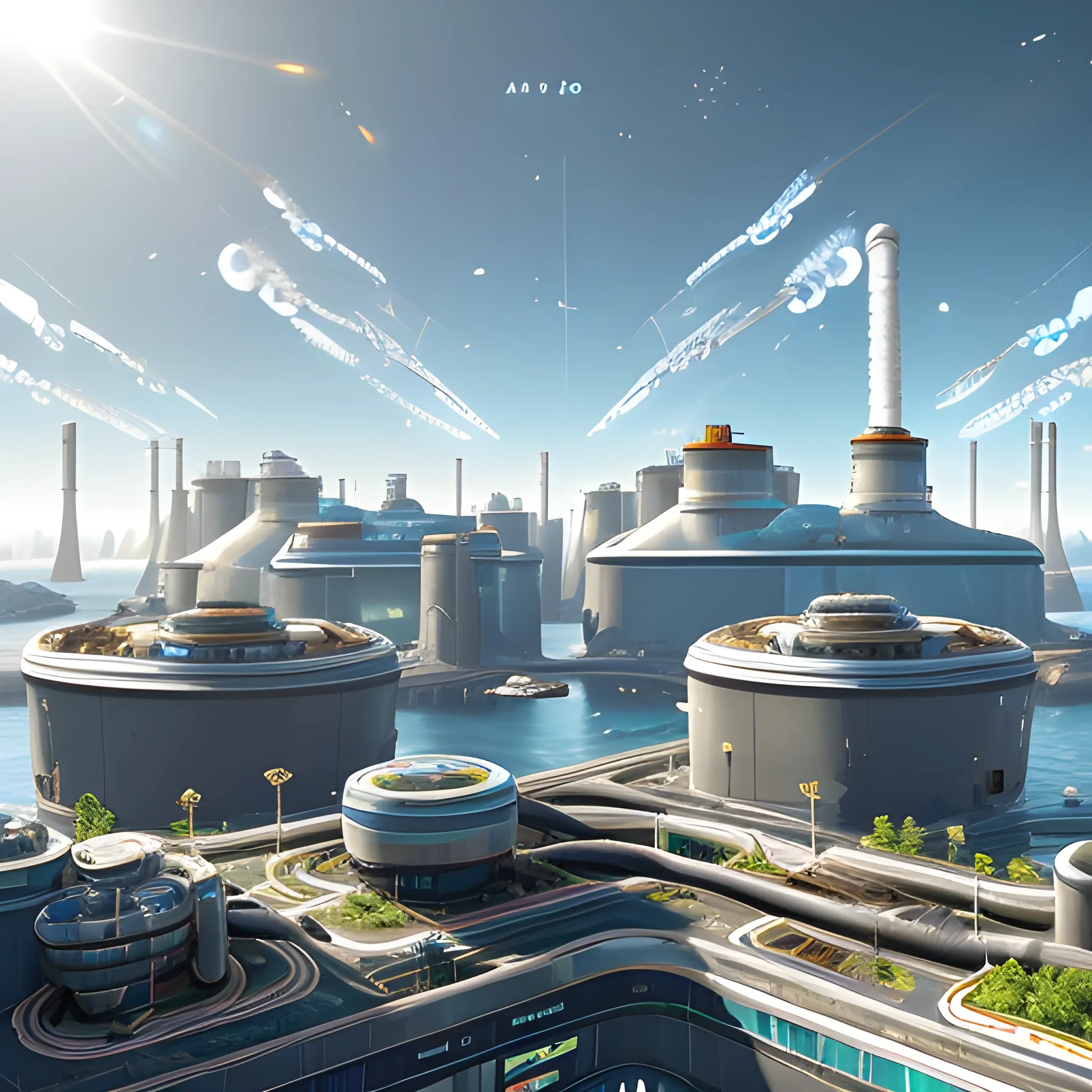 anno 2205 style, temperate, sunny, clear sky, top-down view, power plant made of metal black structures, white plastic material, scratches, rusty pipes, flat foundation, solid, mixed shapes round and square, non-standard shapes, stains on the walls, high level of detail, people, futuristic, beautiful, Realistic proportions, attention to detail


