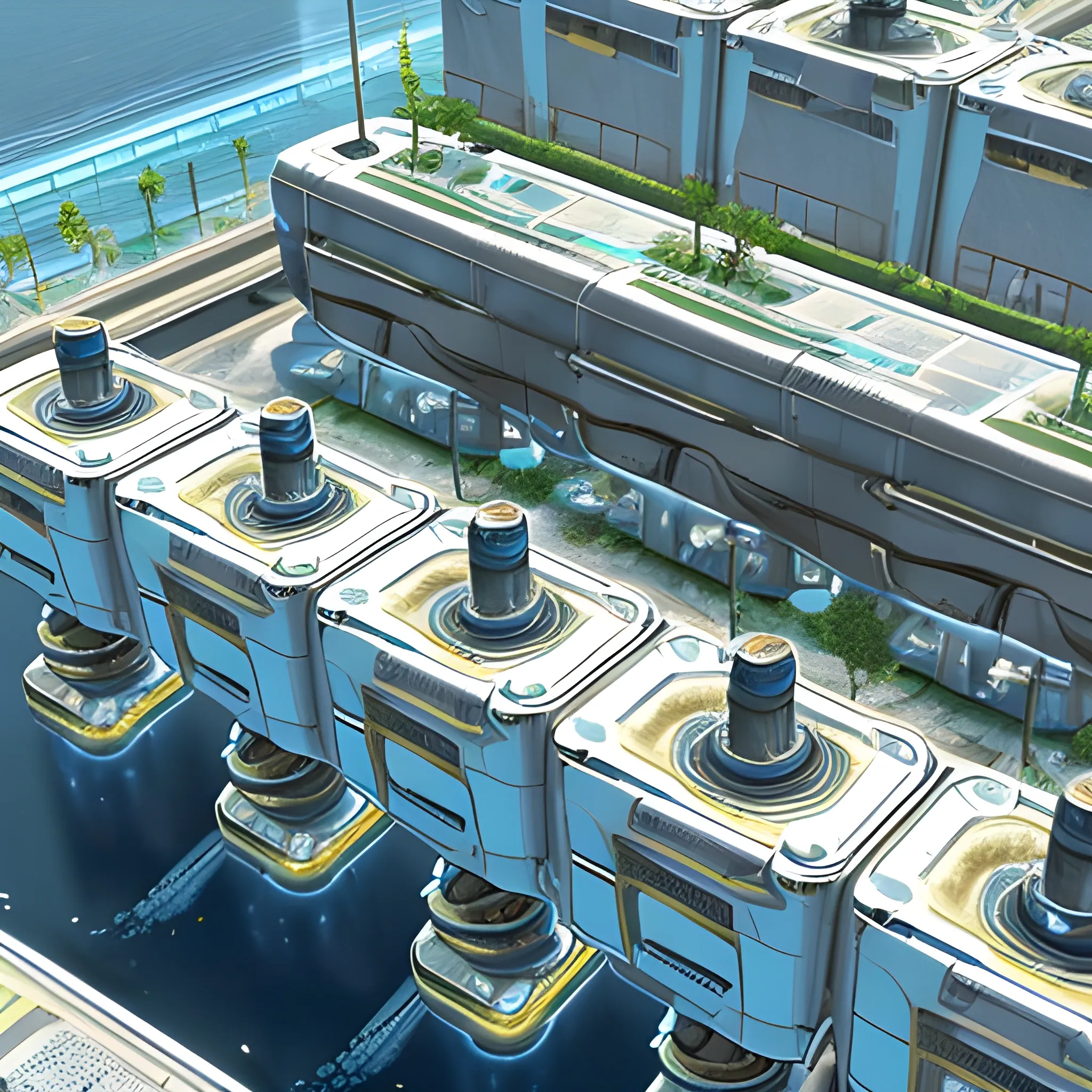 anno 2205 style, temperate, sunny, clear sky, top-down view, power plant made of metal black structures, white plastic material, scratches, rusty pipes, flat foundation, solid, mixed shapes round and square, non-standard shapes, stains on the walls, high level of detail, people, futuristic, beautiful, Realistic proportions, attention to detail


