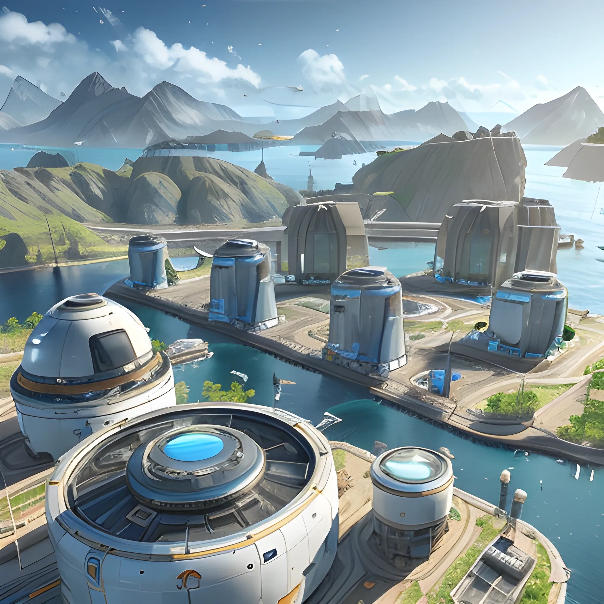 anno 2205 style, temperate, sunny, clear sky, top-down view, power plant made of metal black structures, white plastic material, scratches, rusty pipes, flat foundation, solid, mixed shapes round and square, non-standard shapes, stains on the walls, high level of detail, people, futuristic, beautiful, Realistic proportions, attention to detail


