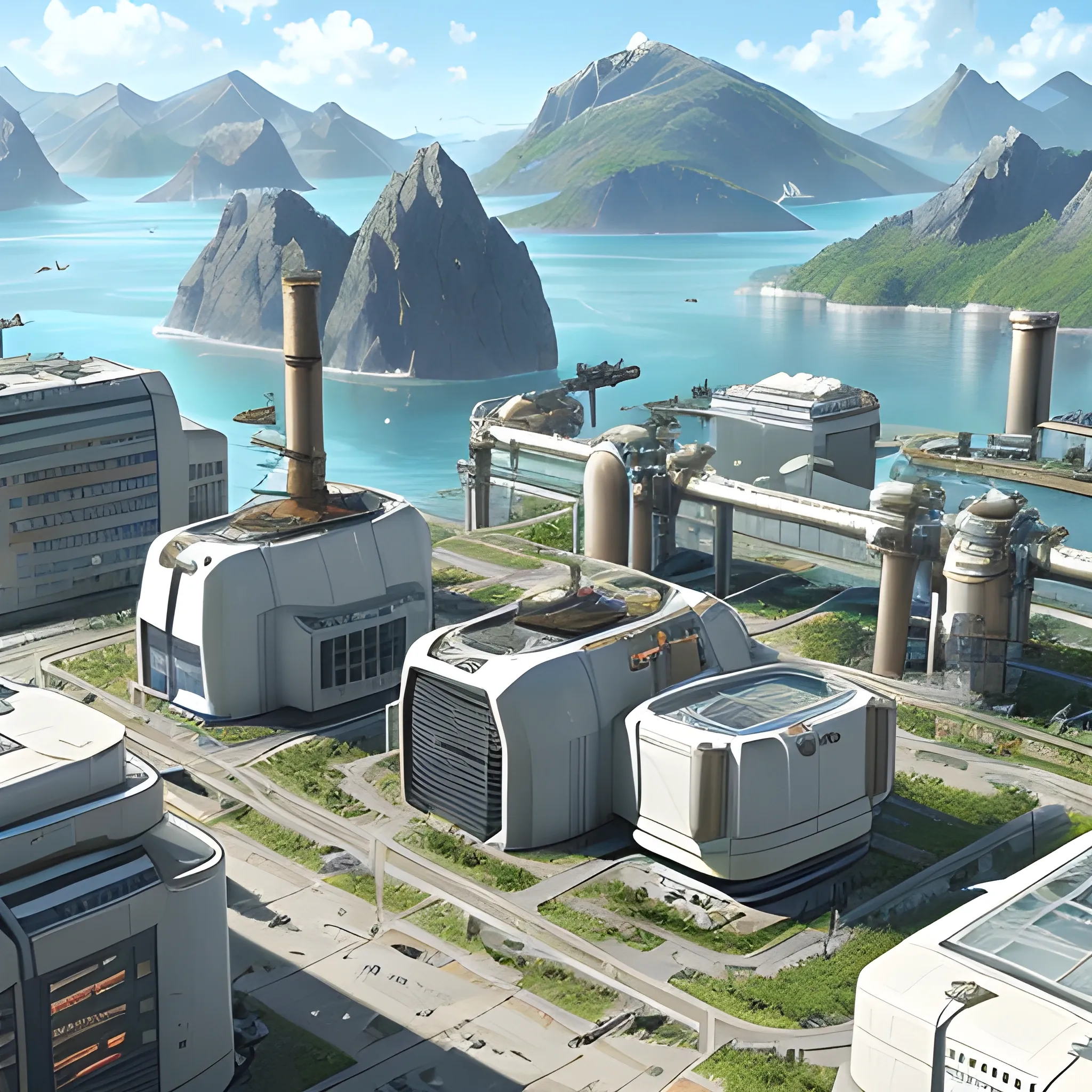 anno 2205 style, temperate, sunny, clear sky, top-down view, power plant made of metal black structures, white plastic material, scratches, rusty pipes, flat foundation, solid, mixed shapes round and square, non-standard shapes, stains on the walls,many angles, straight lines, high level of detail, people, futuristic, beautiful, Realistic proportions, attention to detail


