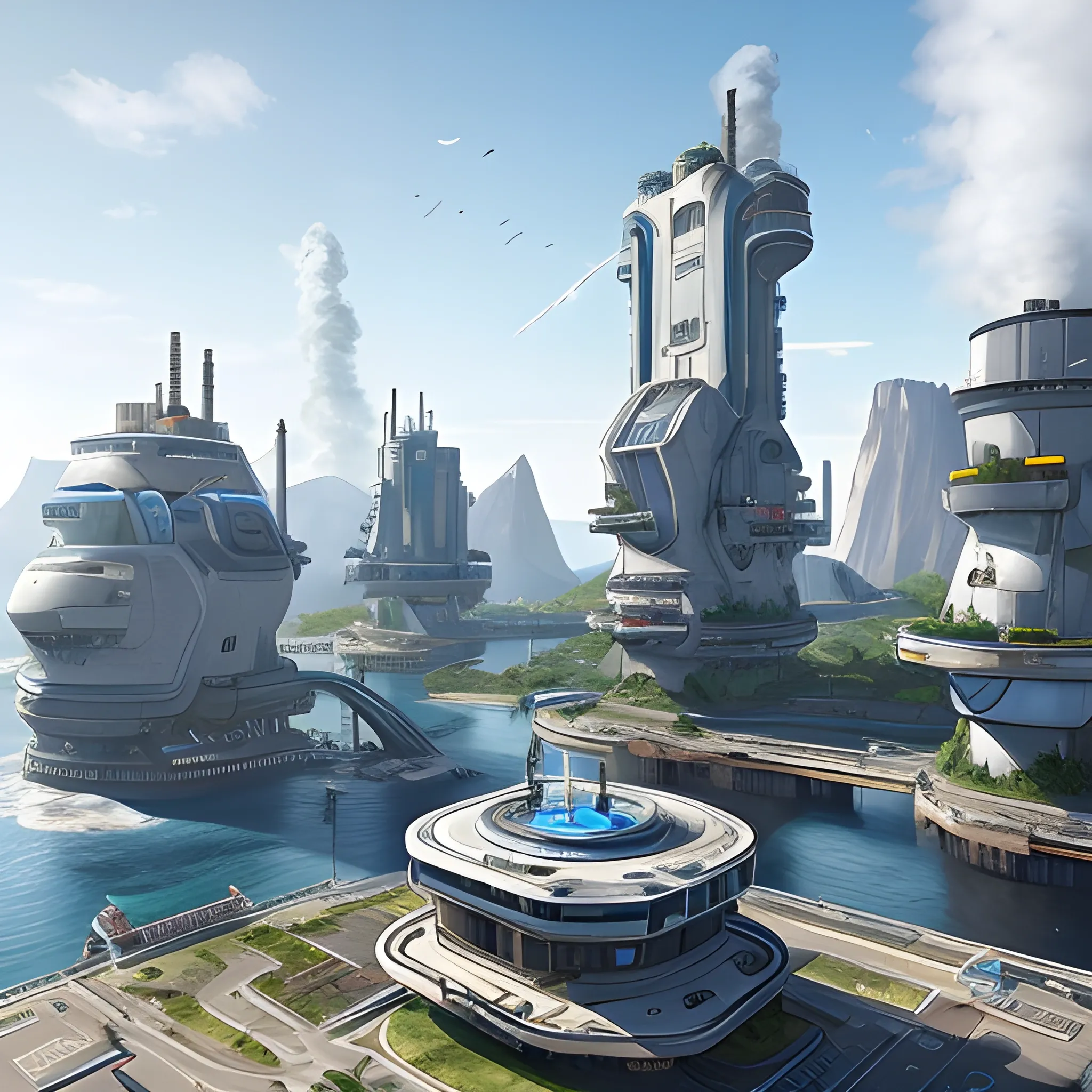 anno 2205 style, temperate, sunny, clear sky, top-down view, power plant made of metal black structures, white plastic material, scratches, rusty pipes, flat foundation, solid, mixed shapes round and square, non-standard shapes, stains on the walls,many angles, straight lines, high level of detail, people, futuristic, beautiful, Realistic proportions, attention to detail


