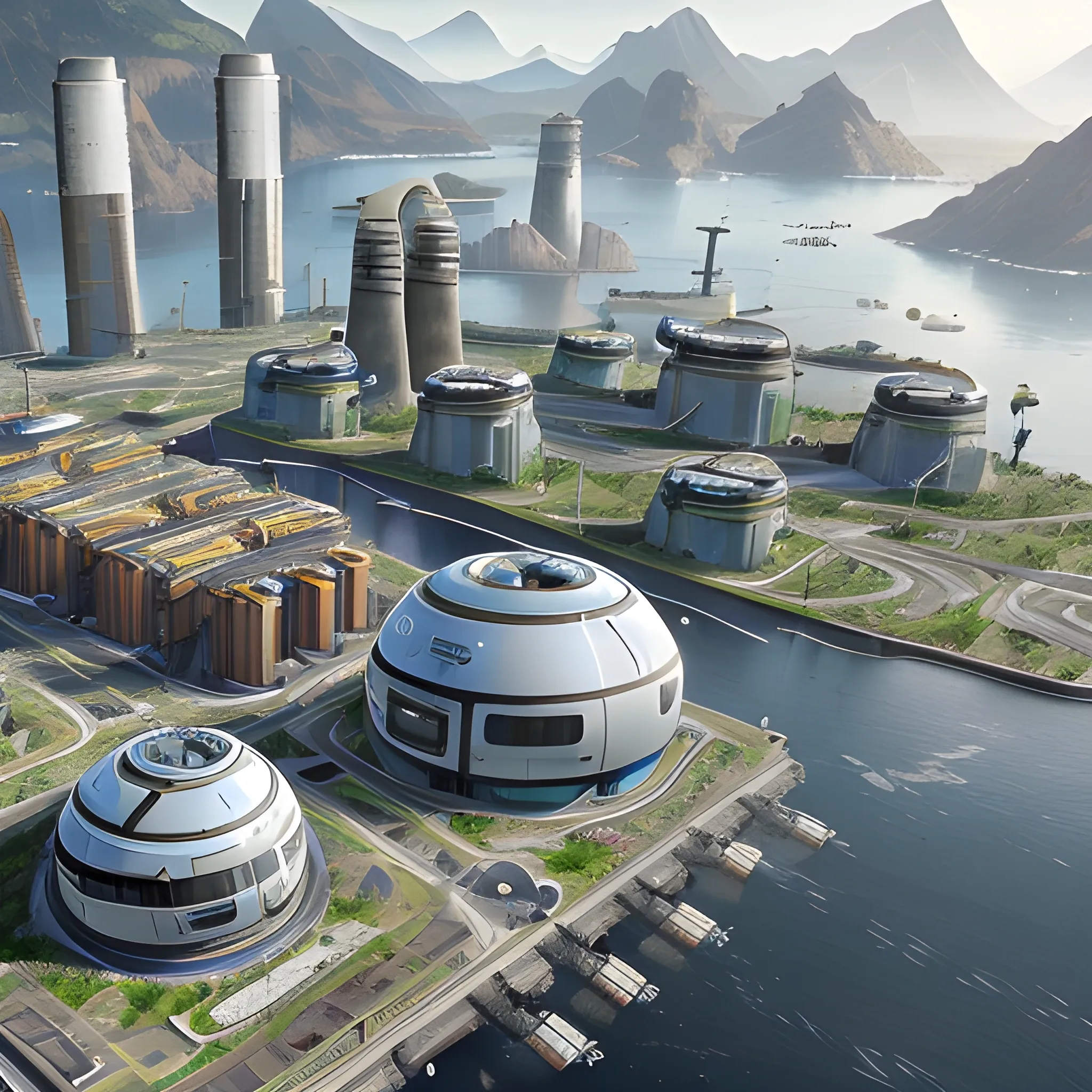 anno 2205 style, temperate, sunny, clear sky, top-down view, power plant made of metal black structures, white plastic material, scratches, rusty pipes, flat foundation, solid, mixed shapes round and square, mechanisms, wires, non-standard shapes, stains on the walls,many angles, straight lines, high level of detail, people, futuristic, beautiful, Realistic proportions, attention to detail


