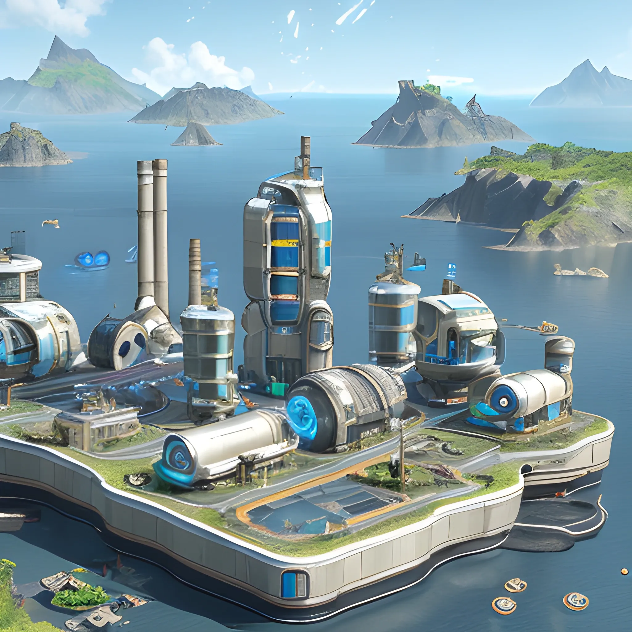 anno 2205 style, temperate, sunny, clear sky, top-down view, power plant made of metal black structures, white plastic material, scratches, rusty pipes, flat foundation, solid, mixed shapes round and square, mechanisms, wires, non-standard shapes, stains on the walls,many angles, straight lines, high level of detail, people, futuristic, beautiful, Realistic proportions, attention to detail


