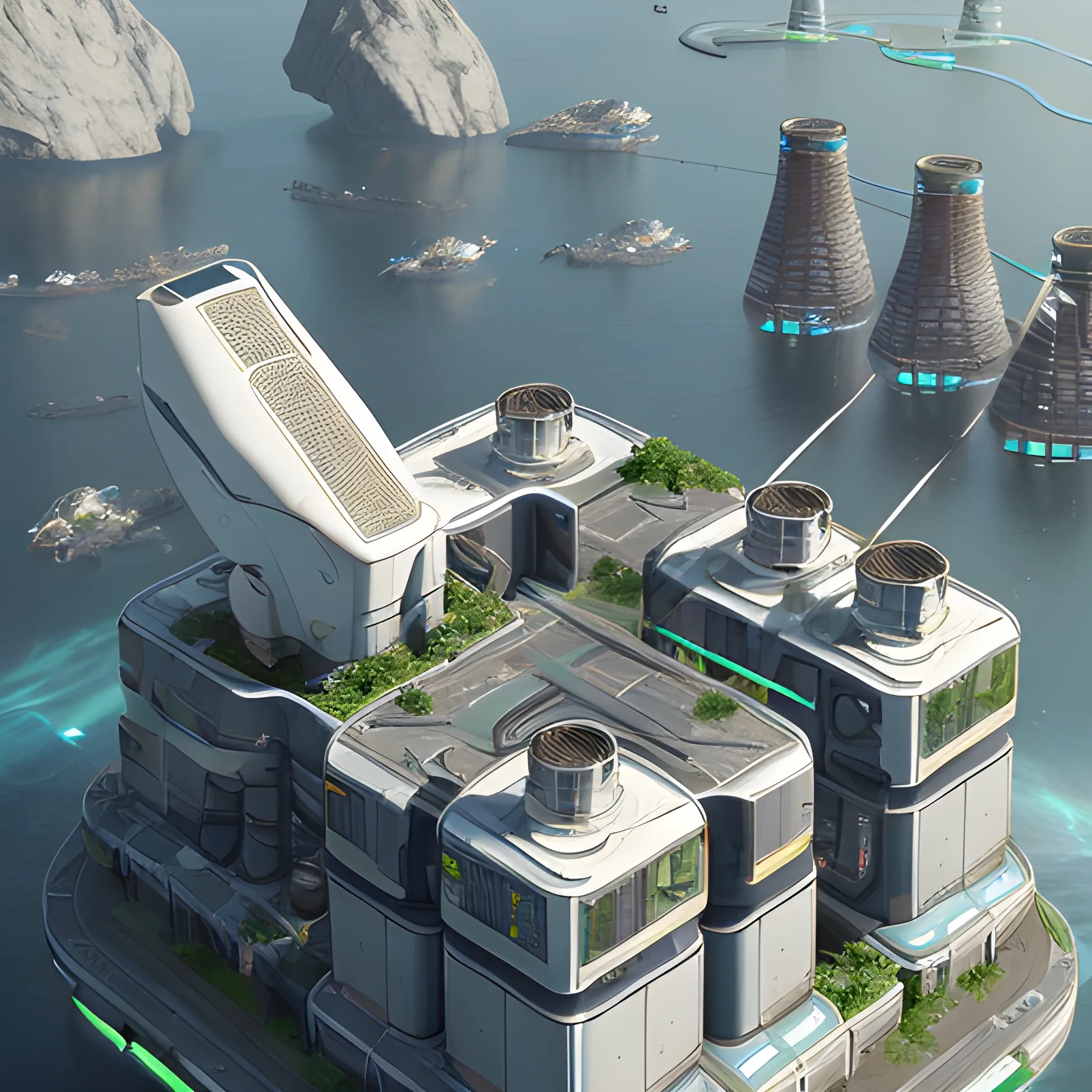 anno 2205 style, temperate, sunny, clear sky, top-down view, power plant made of metal black structures, white plastic material, scratches, rusty pipes, flat foundation, solid, mixed shapes round and square, mechanisms, wires, non-standard shapes, stains on the walls,many angles, straight lines, high level of detail, people, futuristic, beautiful, Realistic proportions, attention to detail


