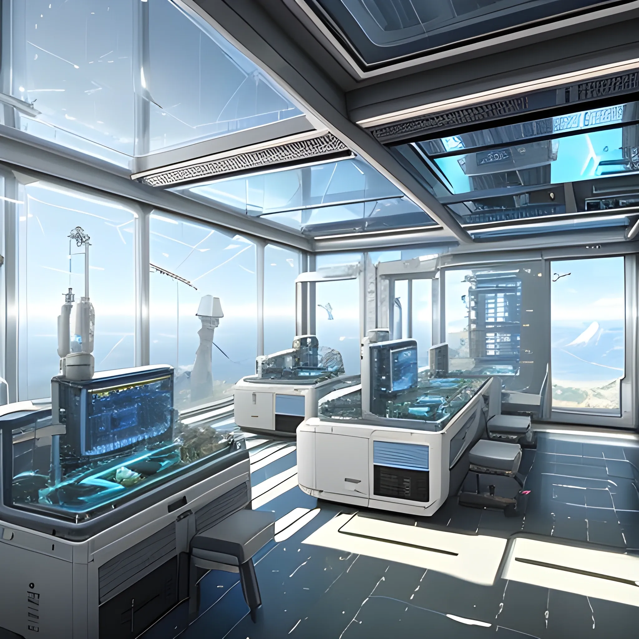 anno 2205 style, temperate, sunny, clear sky, top-down view, bio laboratory made of metal black structures, white plastic material, many glass, scratches,
mechanisms, wires, stains on the walls, high level of detail, people, futuristic, beautiful, Realistic proportions, attention to detail