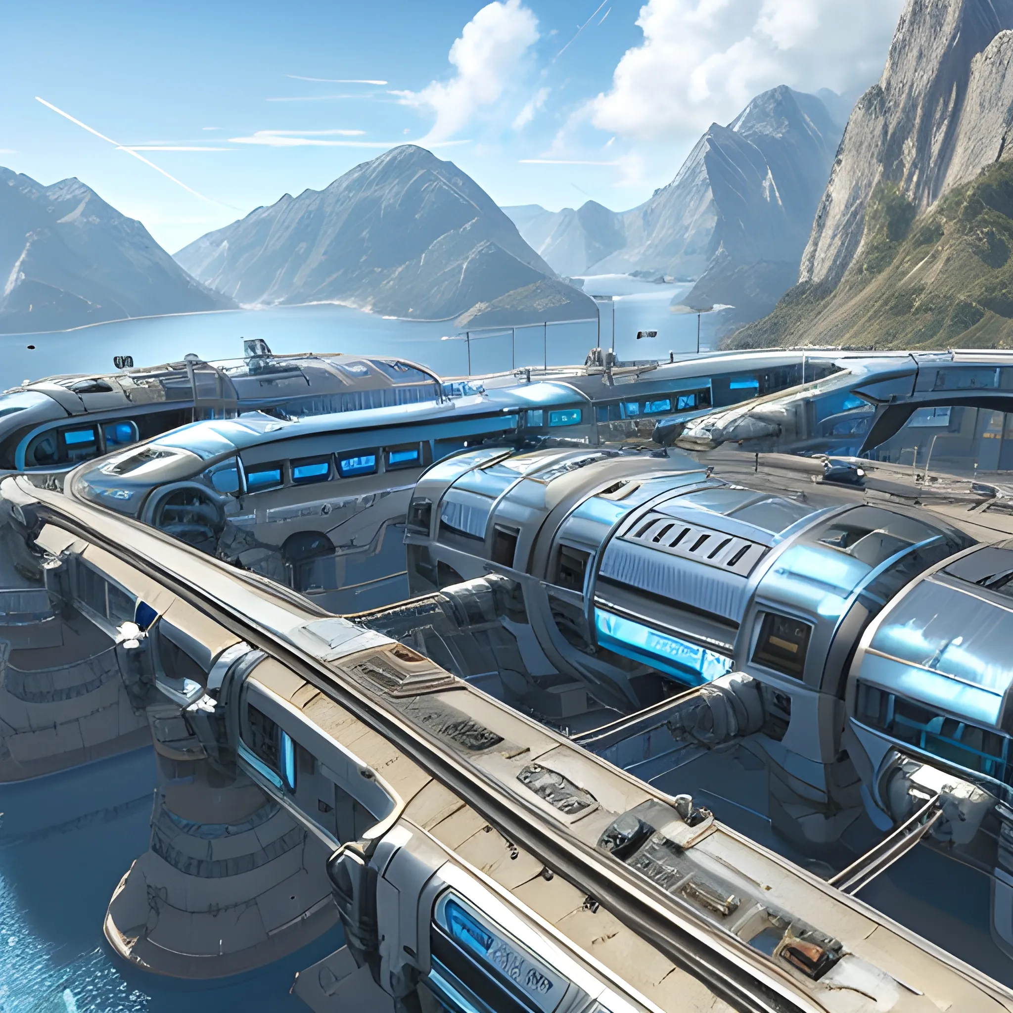 anno 2205 style, futuristic, temperate, sunny, clear sky, top-down view, railway stetion made of metal black structures, white plastic material, scratches, rusty pipes, 
mechanics, wire, stains on the walls, high level of detail, people, beautiful, Realistic proportions, attention to detail



