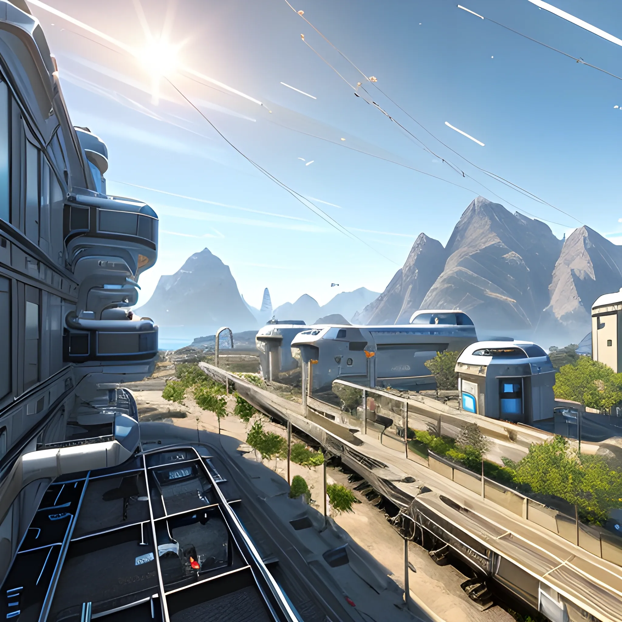 anno 2205 style, futuristic, temperate, sunny, clear sky, top-down view, railway stetion made of metal black structures, white plastic material, scratches, rusty pipes, 
mechanics, wire, stains on the walls, high level of detail, people, beautiful, Realistic proportions, attention to detail



