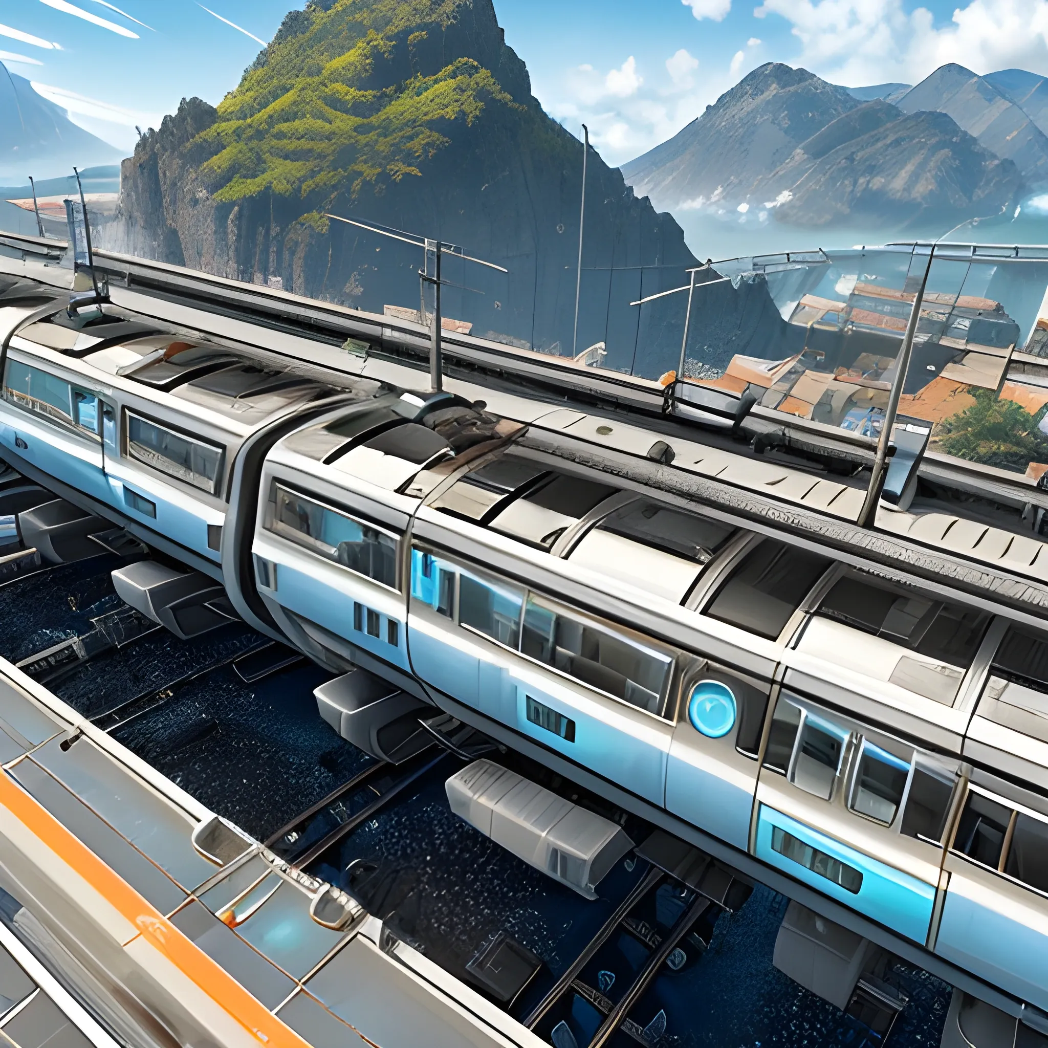 anno 2205 style, futuristic, temperate, sunny, clear sky, top-down view, railway stetion made of metal black structures, white plastic material, scratches, rusty pipes, 
mechanics, wire, stains on the walls, high level of detail, people, beautiful, Realistic proportions, attention to detail



