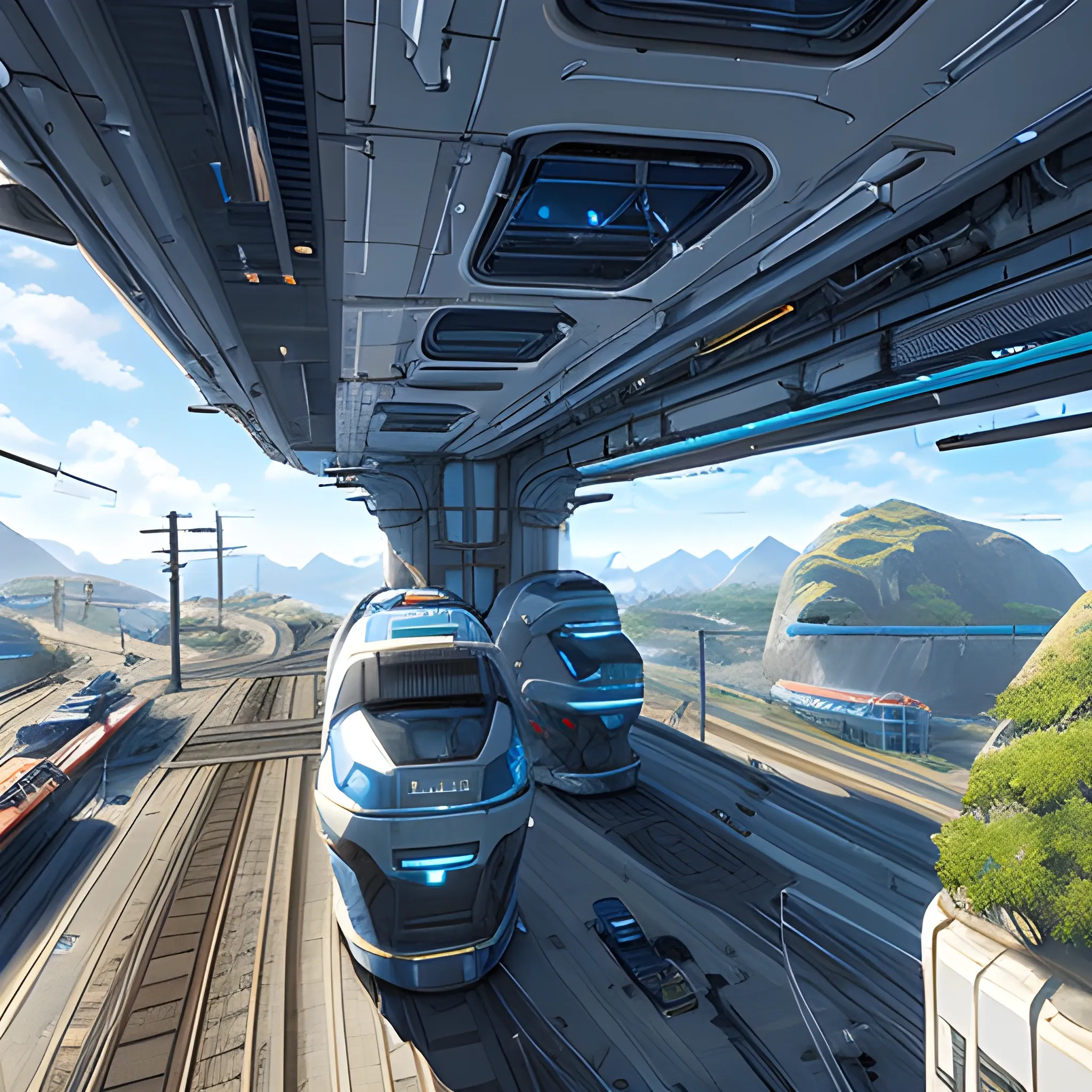 anno 2205 style, futuristic, temperate, sunny, clear sky, top-down view, railway stetion made of metal black structures, white plastic material, scratches, rusty pipes, 
mechanics, wire, stains on the walls, high level of detail, people, beautiful, Realistic proportions, attention to detail



