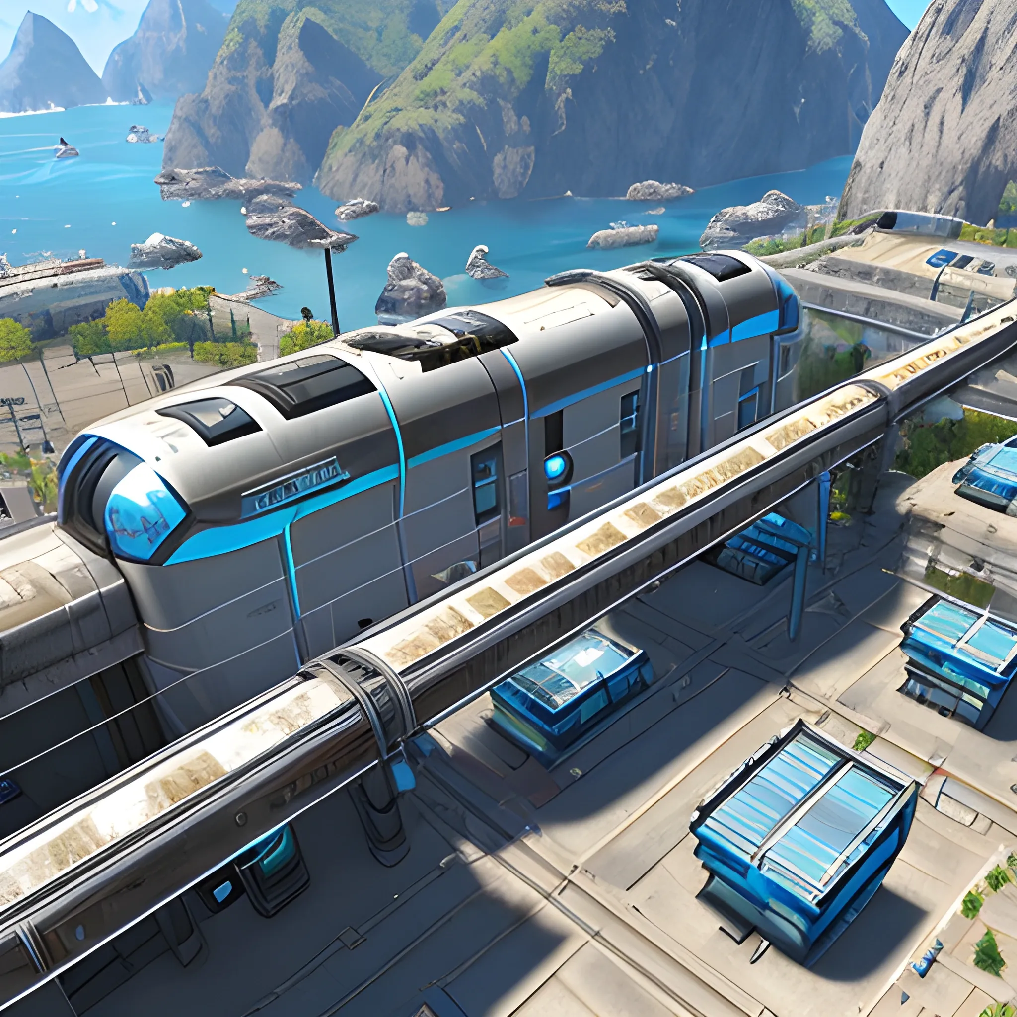 anno 2205 style, futuristic, temperate, sunny, clear sky, top-down view, railway stetion made of metal black structures, white plastic material, scratches, rusty pipes, 
mechanics, wire, stains on the walls, high level of detail, people, beautiful, Realistic proportions, attention to detail



