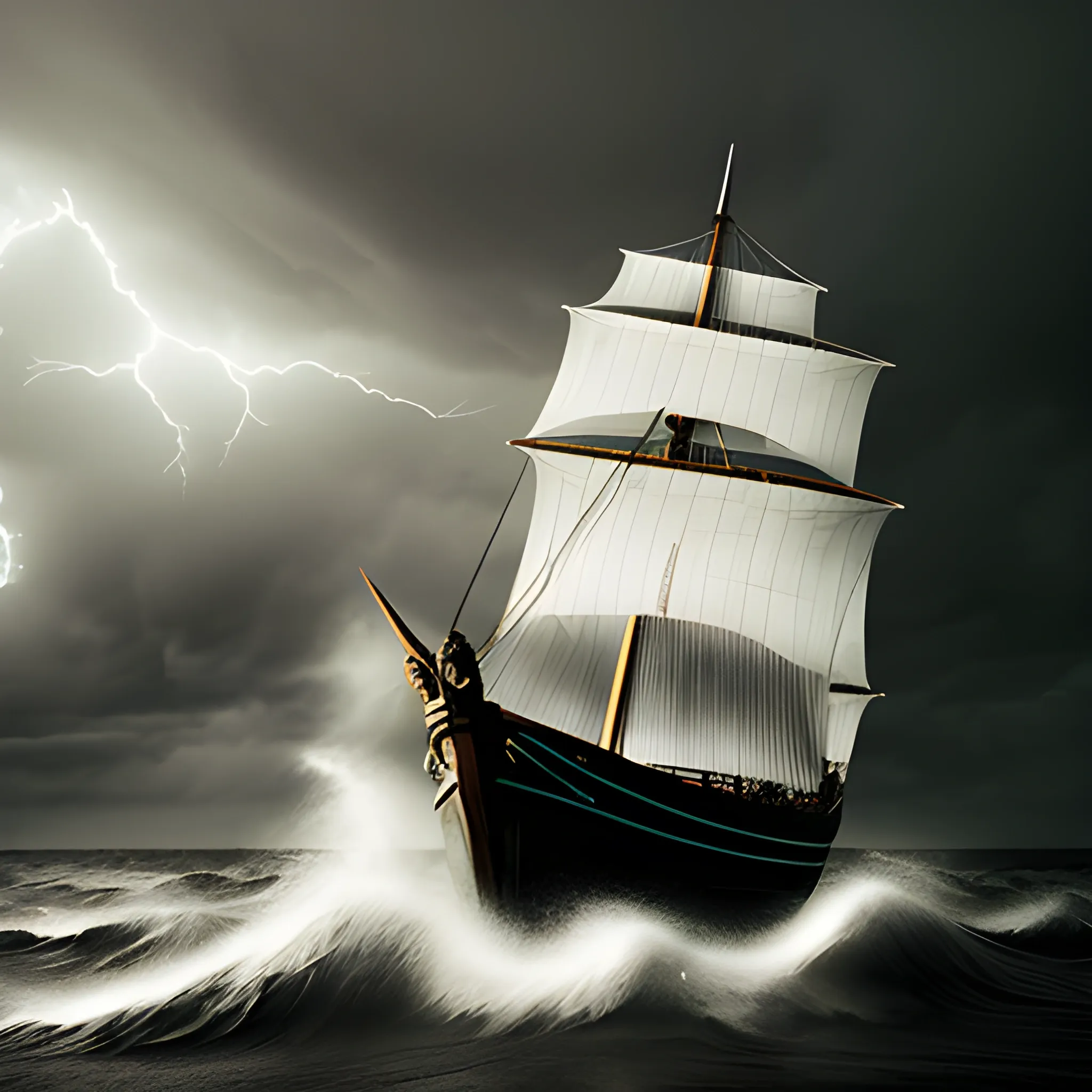 a sailing ship in a storm, 3d, vikings, low key lighting, creepy