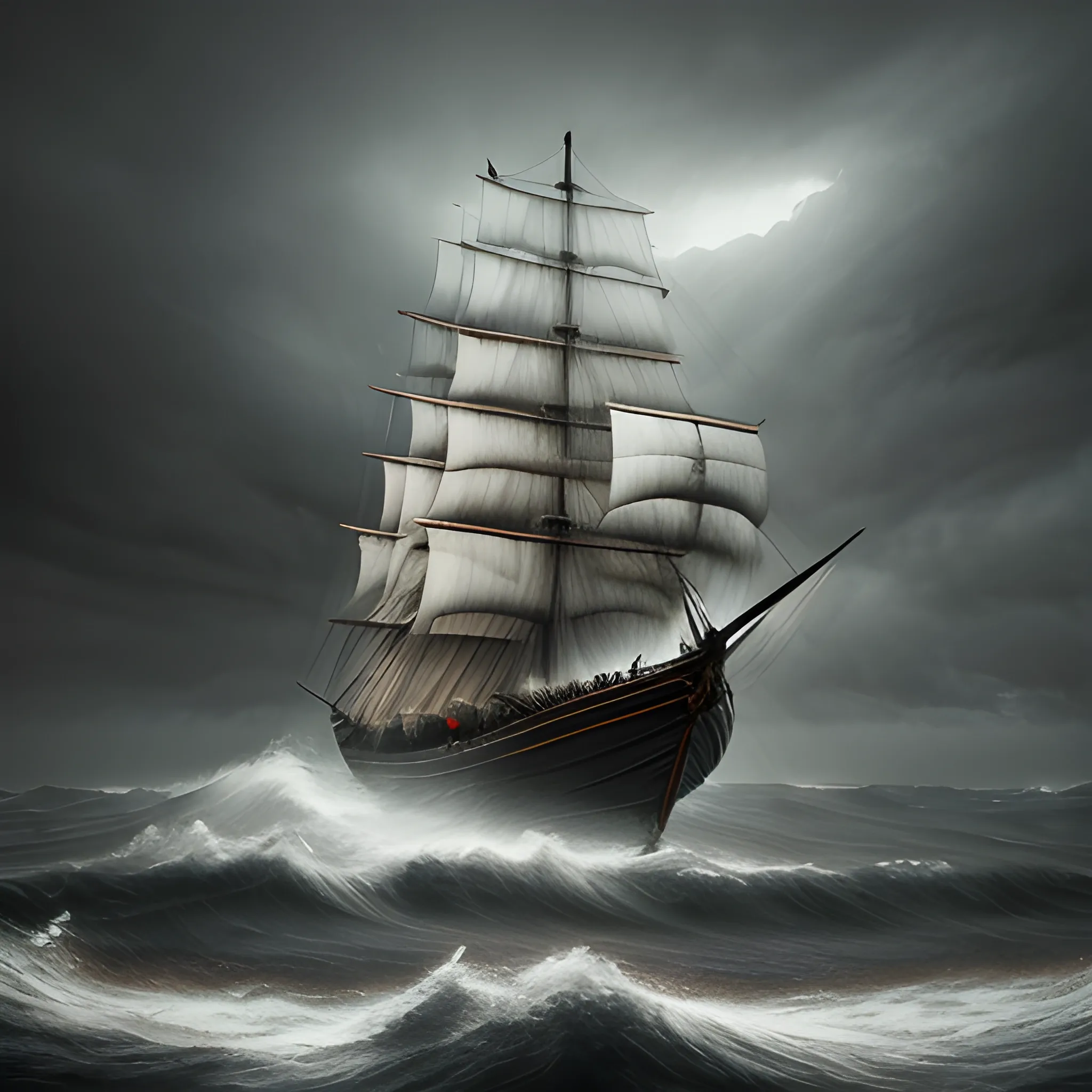 a sailing ship in a storm, 3d, vikings, low key lighting, creepy, Oil Painting