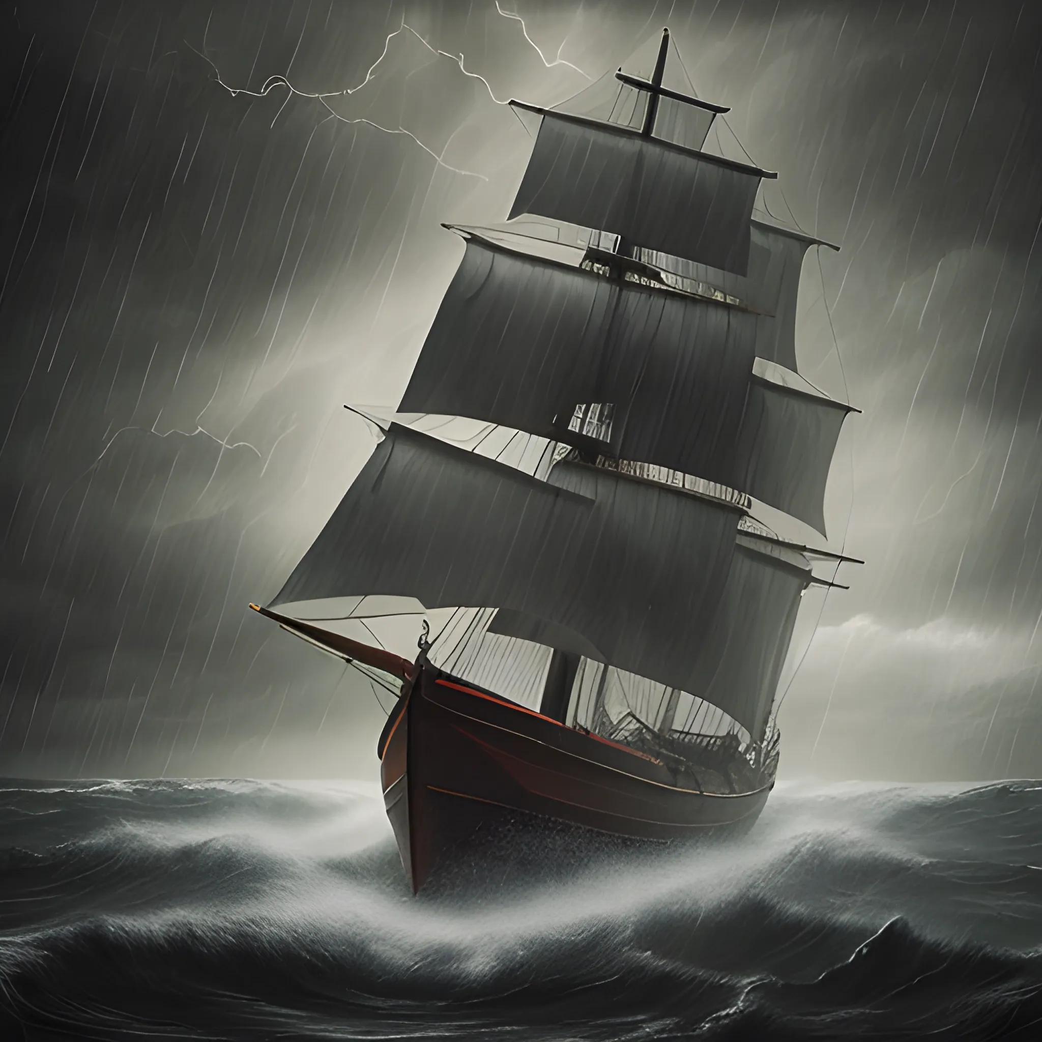 a sailing ship in a storm, 3d, low key lighting, creepy, Oil Painting